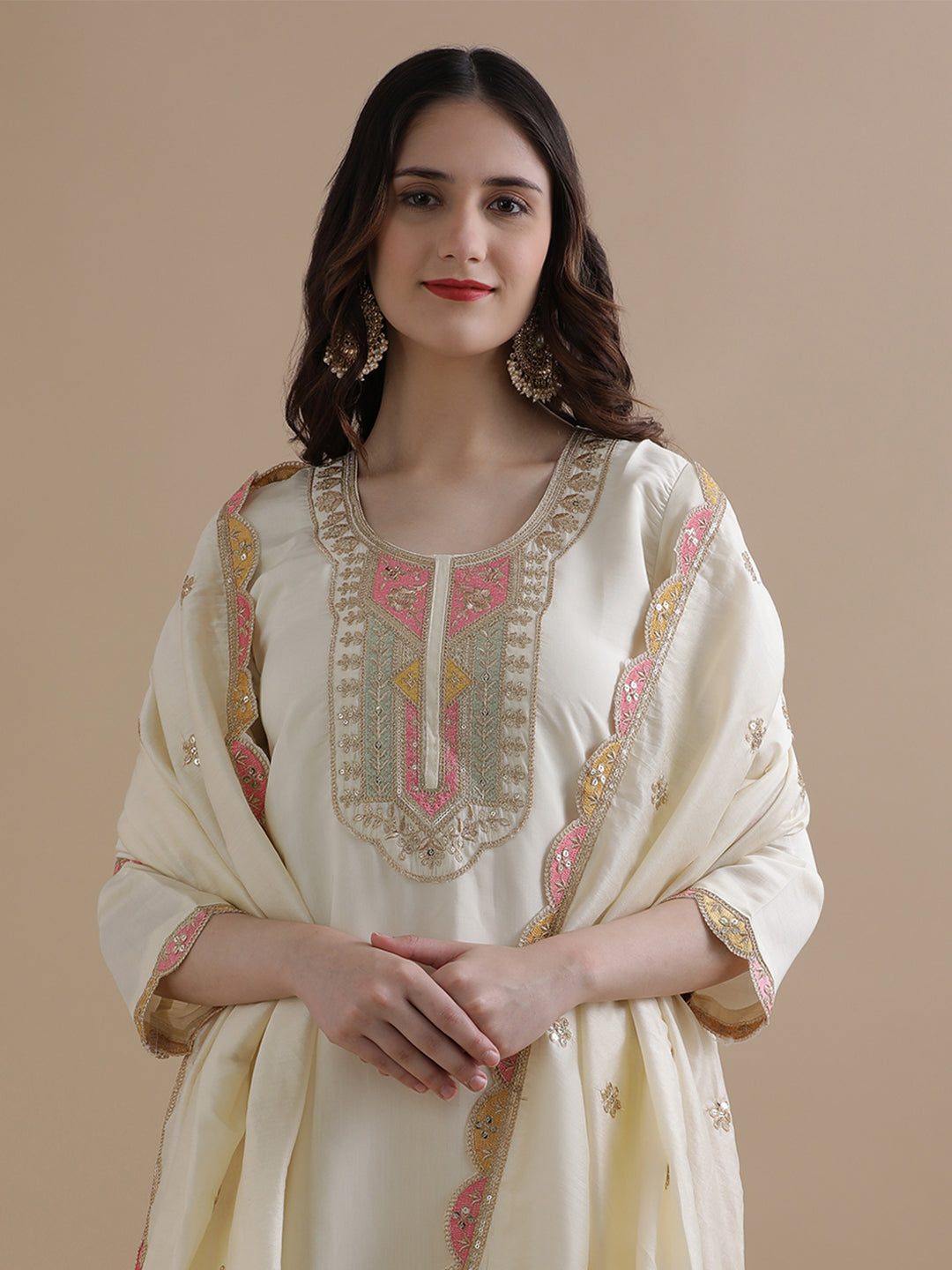 Embroidered Chanderi Cotton Ethnic Motifs Kurta Sets With Dupatta