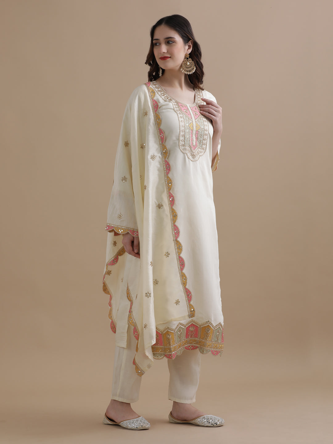 Embroidered Chanderi Cotton Ethnic Motifs Kurta Sets With Dupatta
