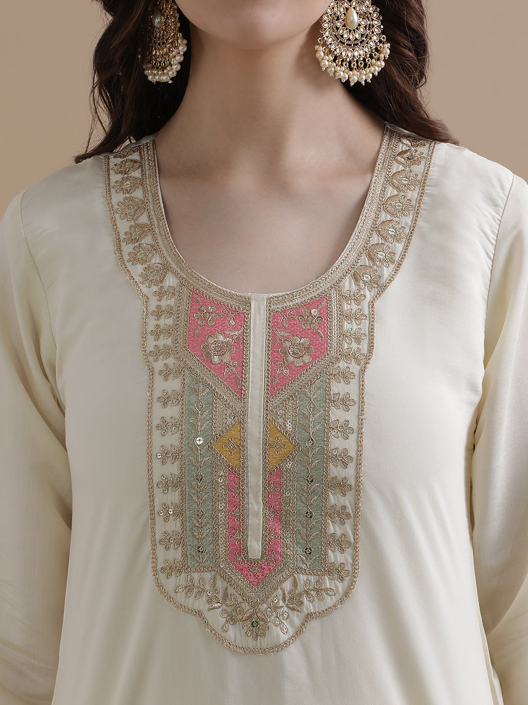 Embroidered Chanderi Cotton Ethnic Motifs Kurta Sets With Dupatta