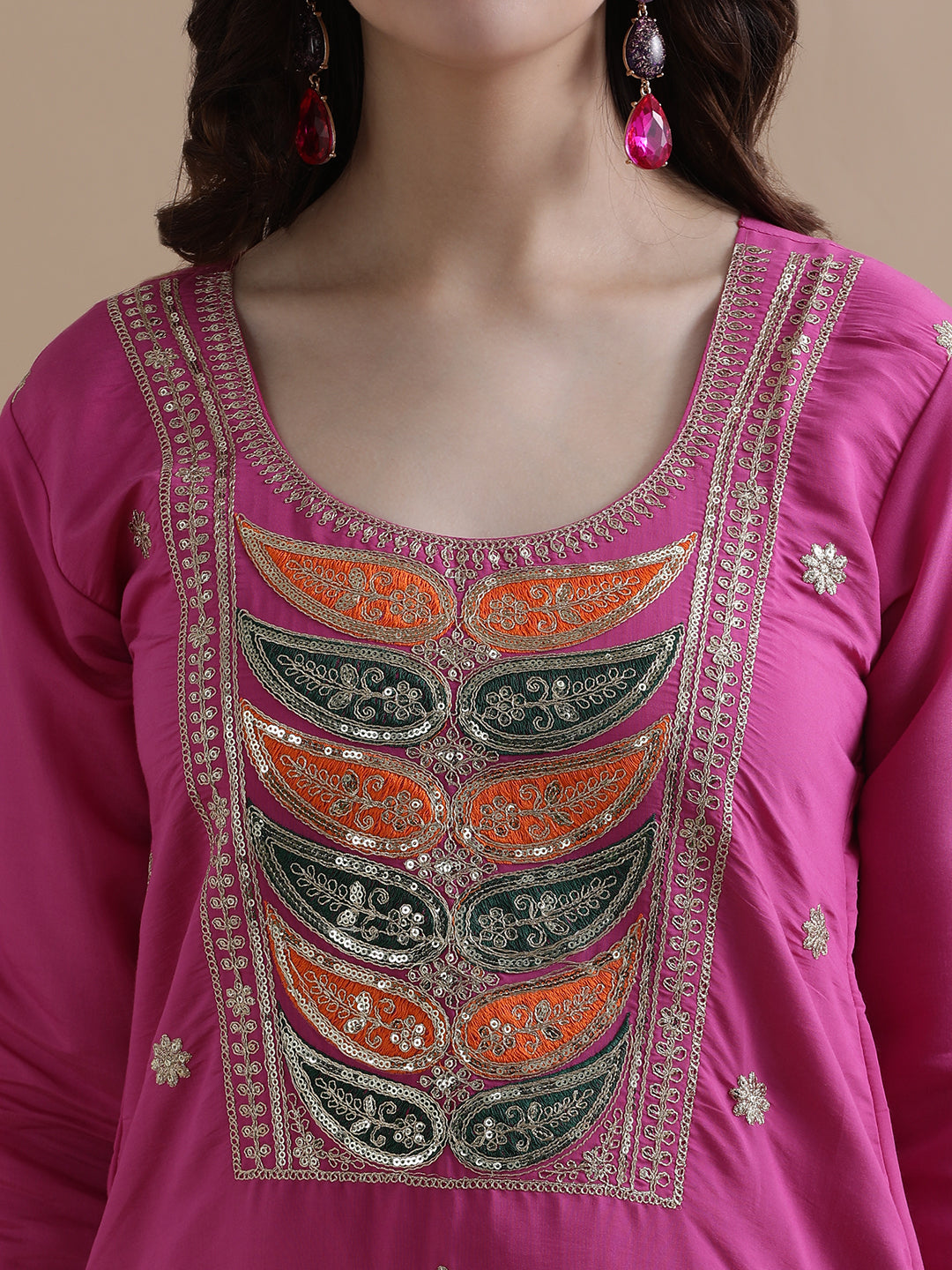 Embroidered Chanderi Cotton Ethnic Motifs Kurta Sets With Dupatta