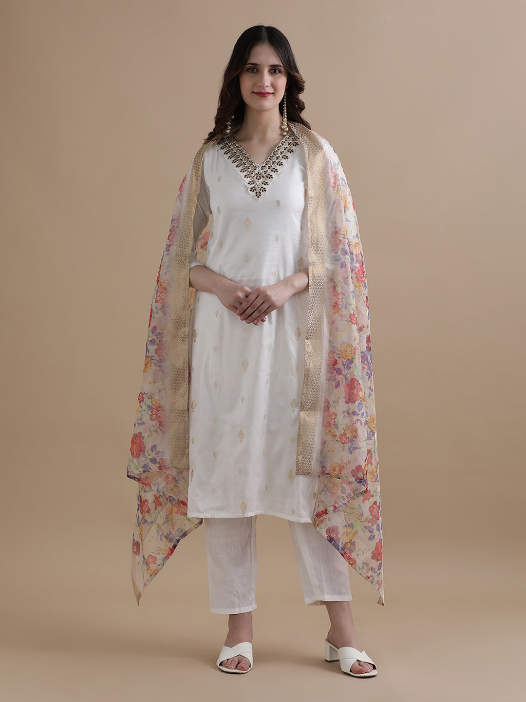Embroidered Nylon Ethnic Motifs Kurta Sets With Dupatta