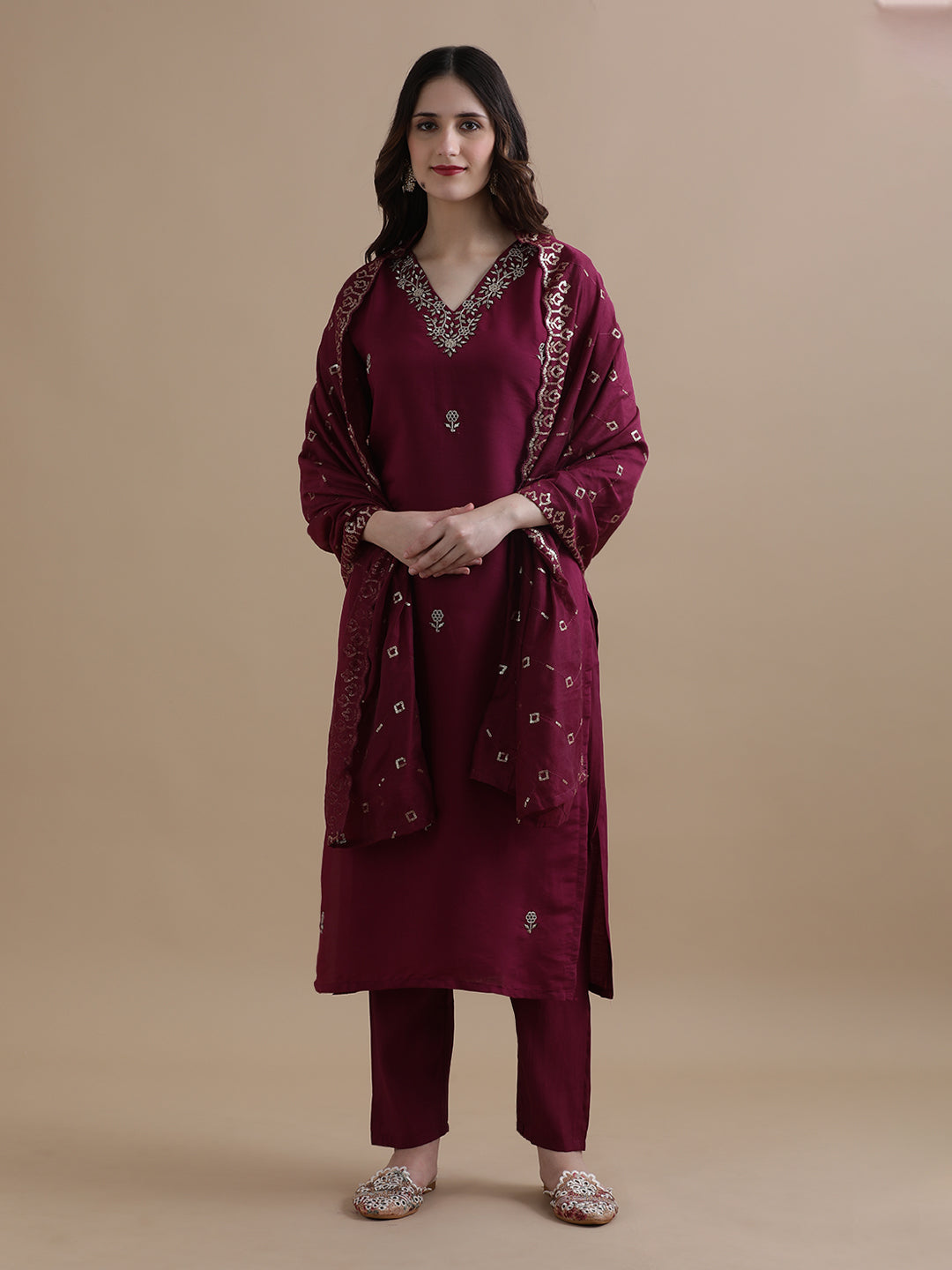 Embroidered Chanderi Cotton Ethnic Motifs Kurta Sets With Dupatta