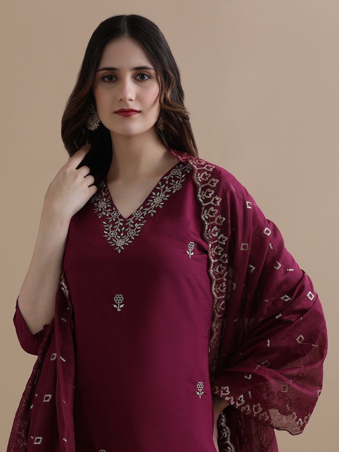 Embroidered Chanderi Cotton Ethnic Motifs Kurta Sets With Dupatta