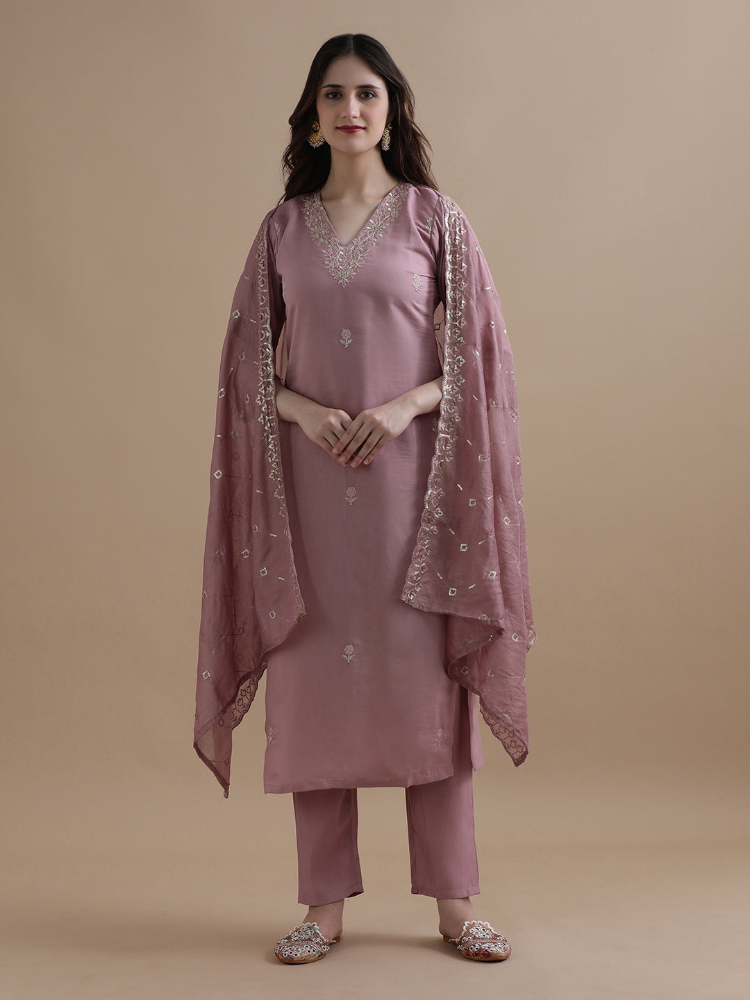 Embroidered Chanderi Cotton Ethnic Motifs Kurta Sets With Dupatta