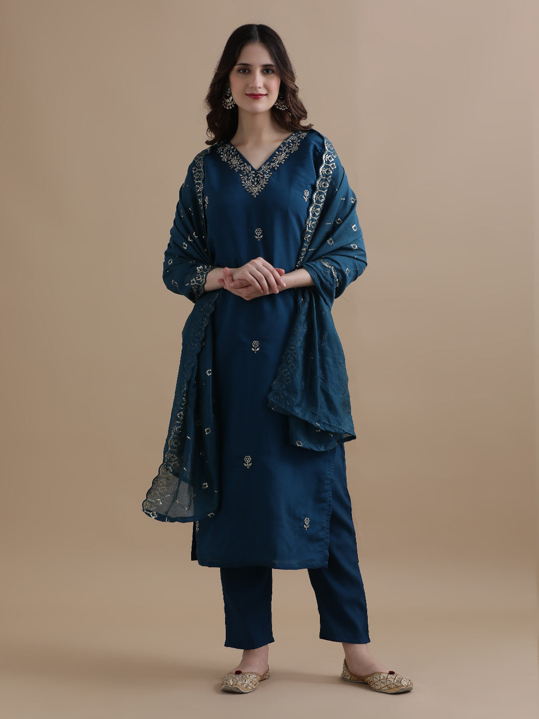 Embroidered Chanderi Cotton Ethnic Motifs Kurta Sets With Dupatta