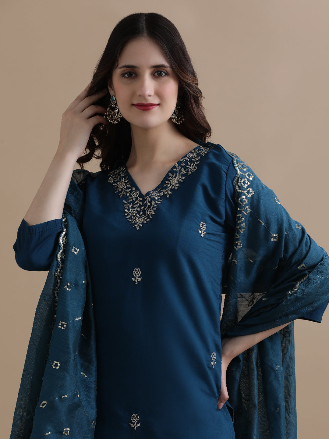 Embroidered Chanderi Cotton Ethnic Motifs Kurta Sets With Dupatta