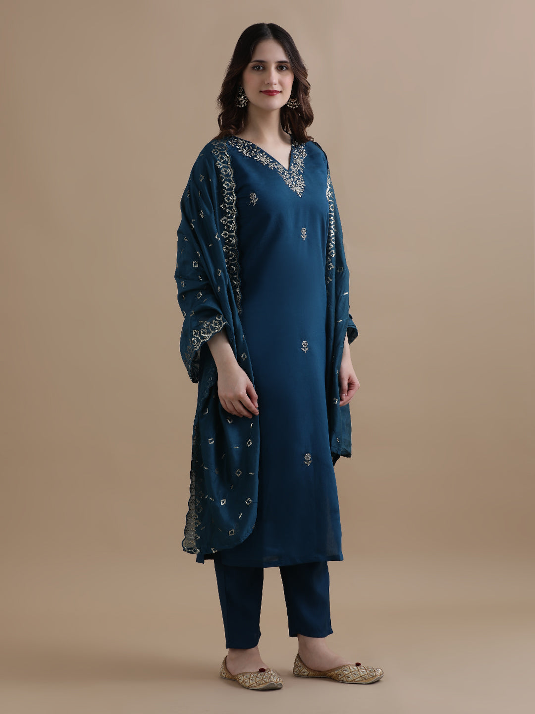 Embroidered Chanderi Cotton Ethnic Motifs Kurta Sets With Dupatta