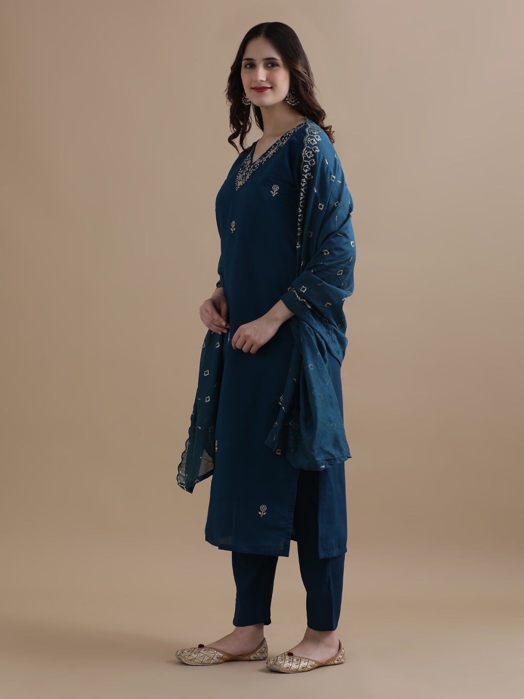Embroidered Chanderi Cotton Ethnic Motifs Kurta Sets With Dupatta