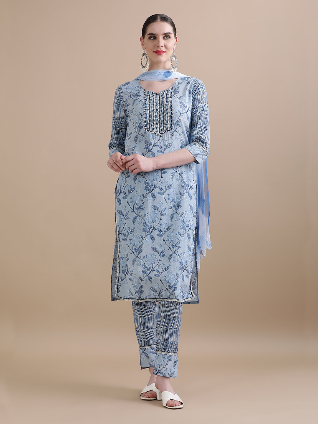 Pure Cotton Floral Embroidered Kurta Sets With Dupatta