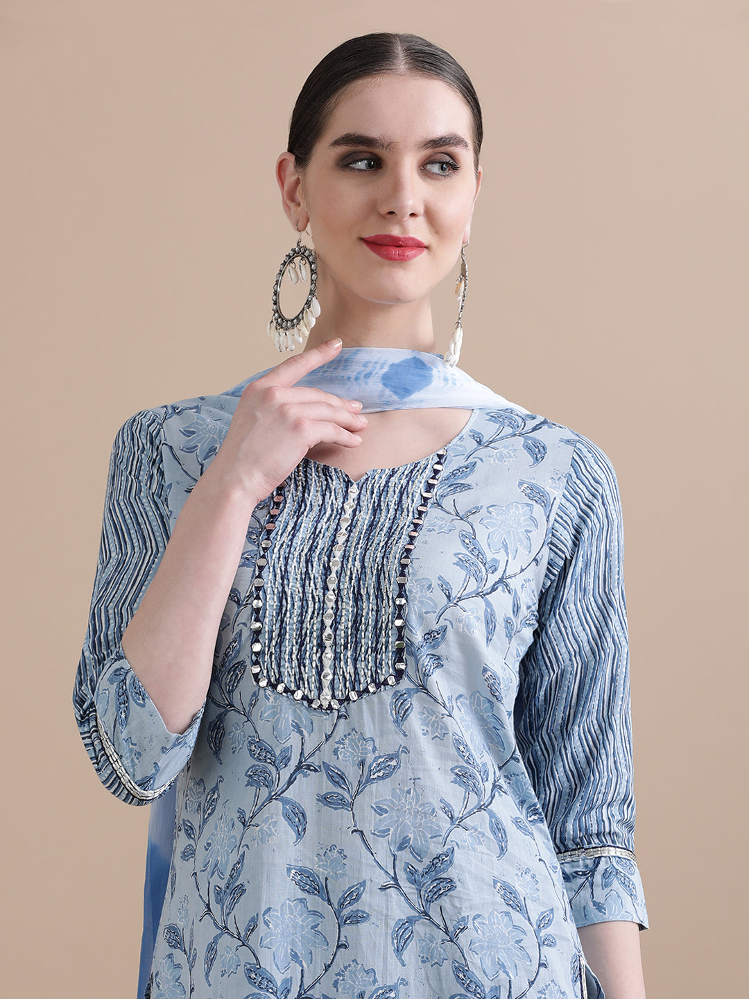 Pure Cotton Floral Embroidered Kurta Sets With Dupatta