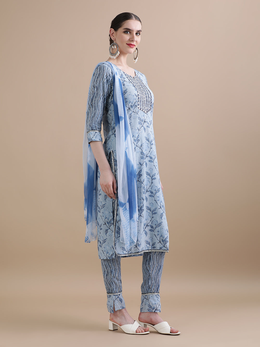 Pure Cotton Floral Embroidered Kurta Sets With Dupatta