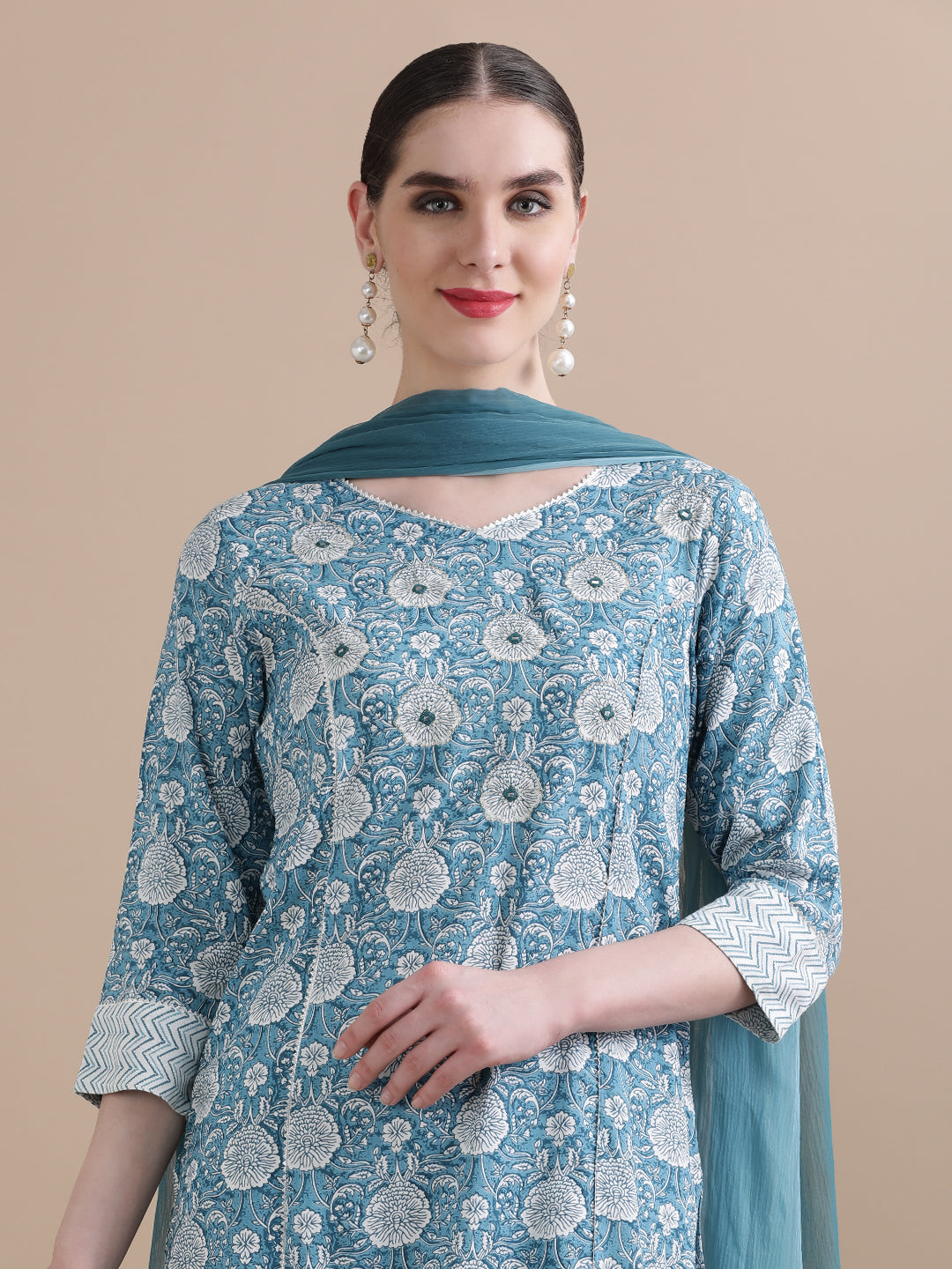 Embroidered Floral Straight Mirror Work Kurta Sets With Dupatta