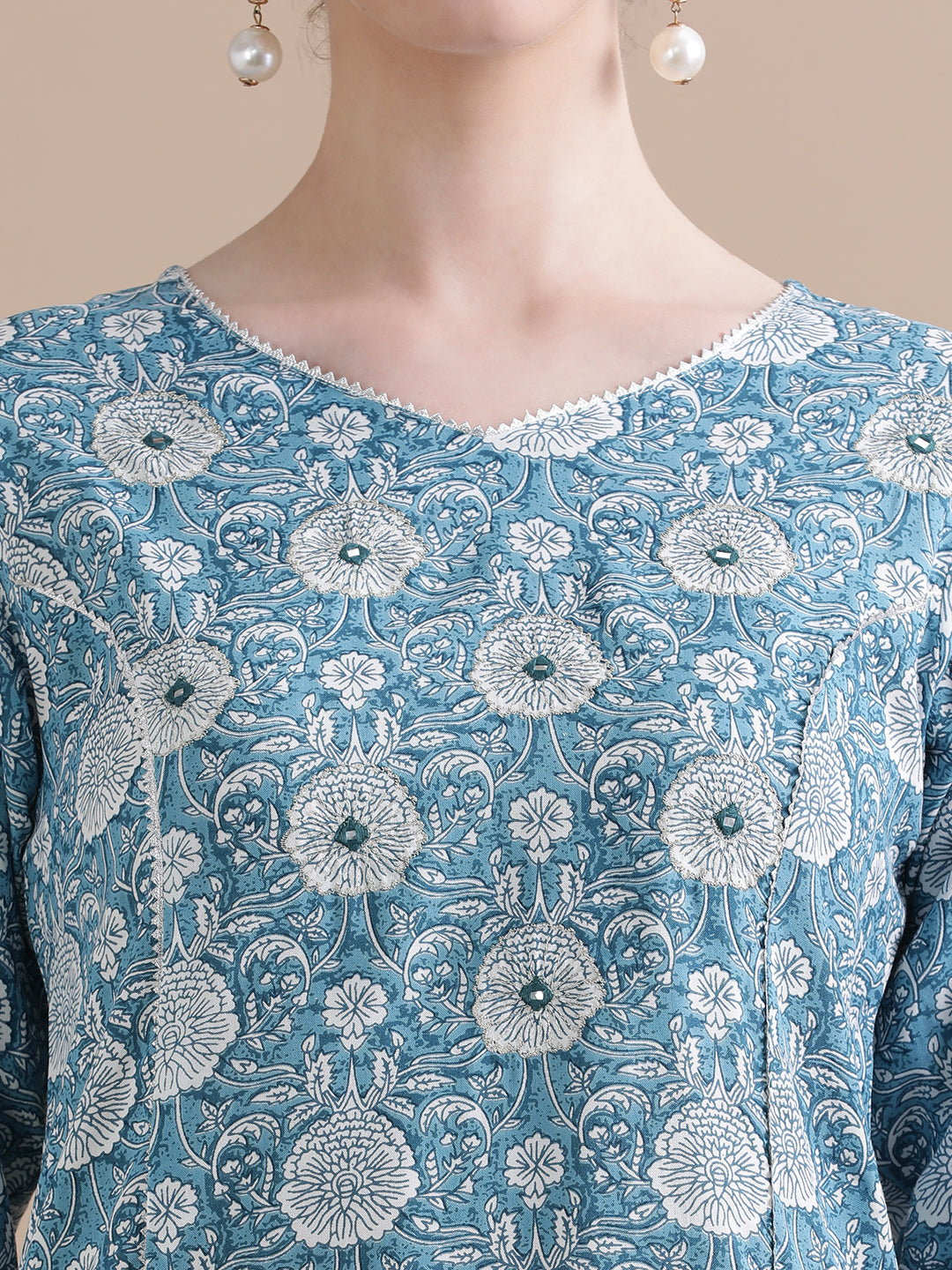 Embroidered Floral Straight Mirror Work Kurta Sets With Dupatta