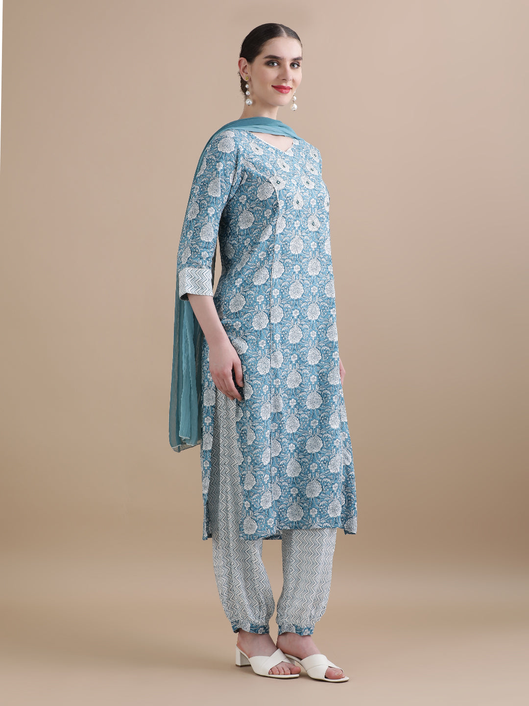 Embroidered Floral Straight Mirror Work Kurta Sets With Dupatta