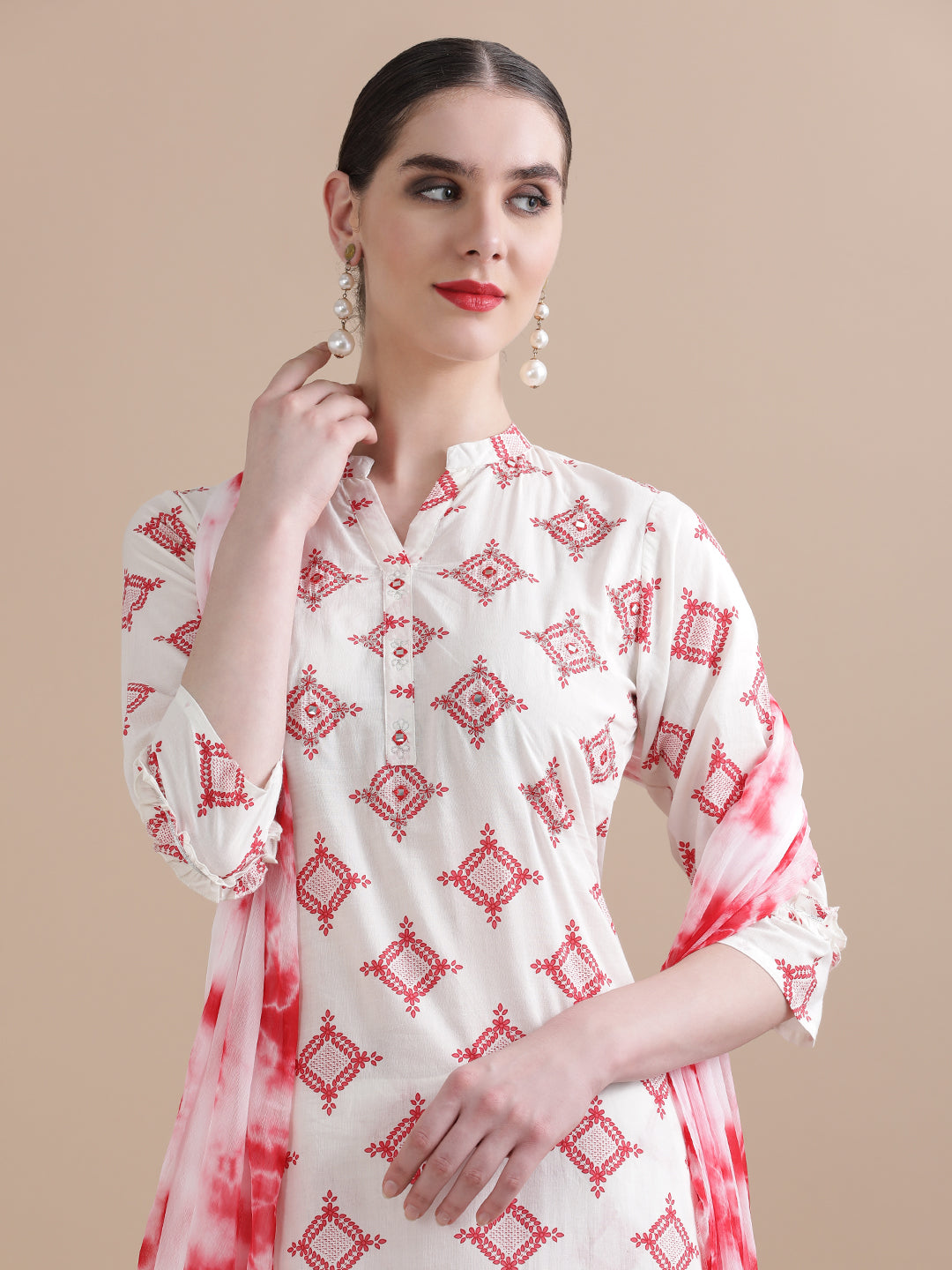 Pure Cotton Geometric Embroidered Kurta Sets With Dupatta