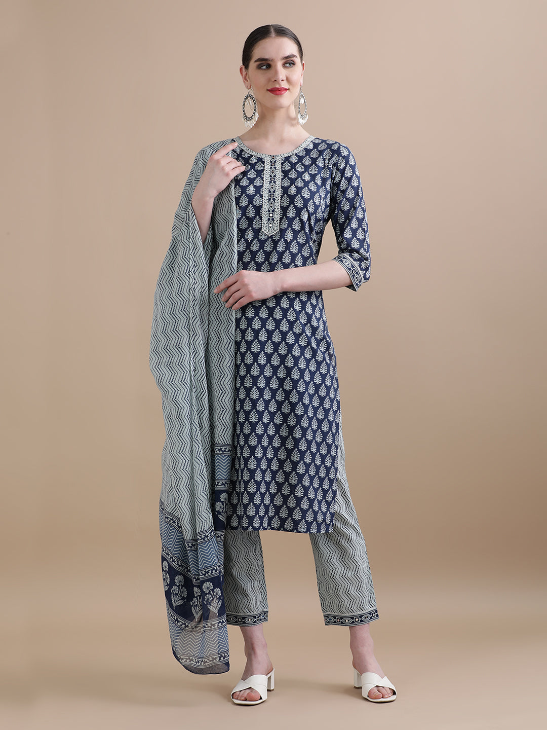 Pure Cotton Embroidered Straight Kurta Sets With Dupatta