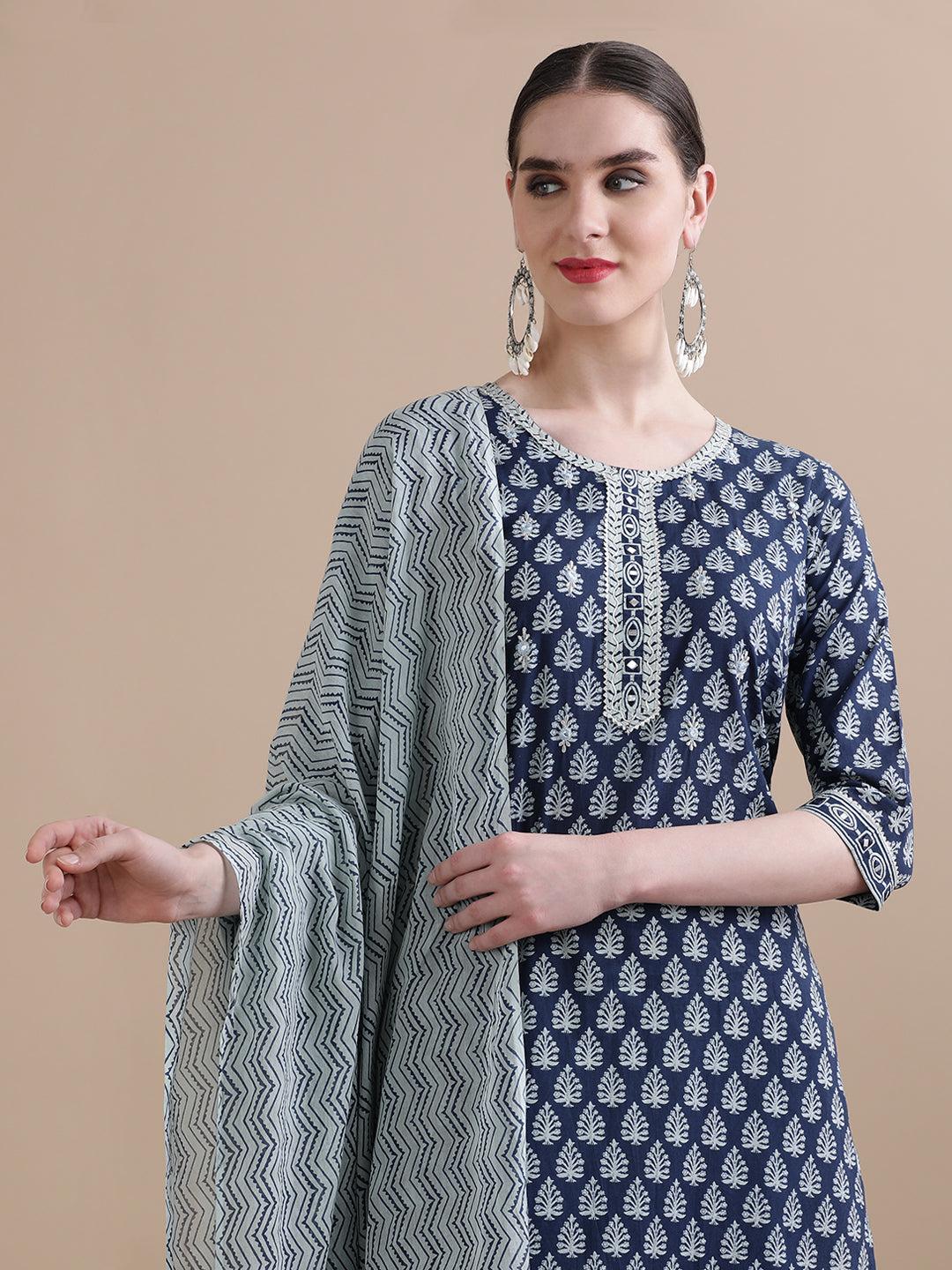 Pure Cotton Embroidered Straight Kurta Sets With Dupatta