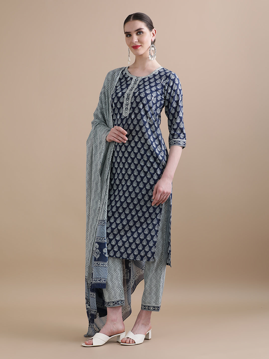 Pure Cotton Embroidered Straight Kurta Sets With Dupatta