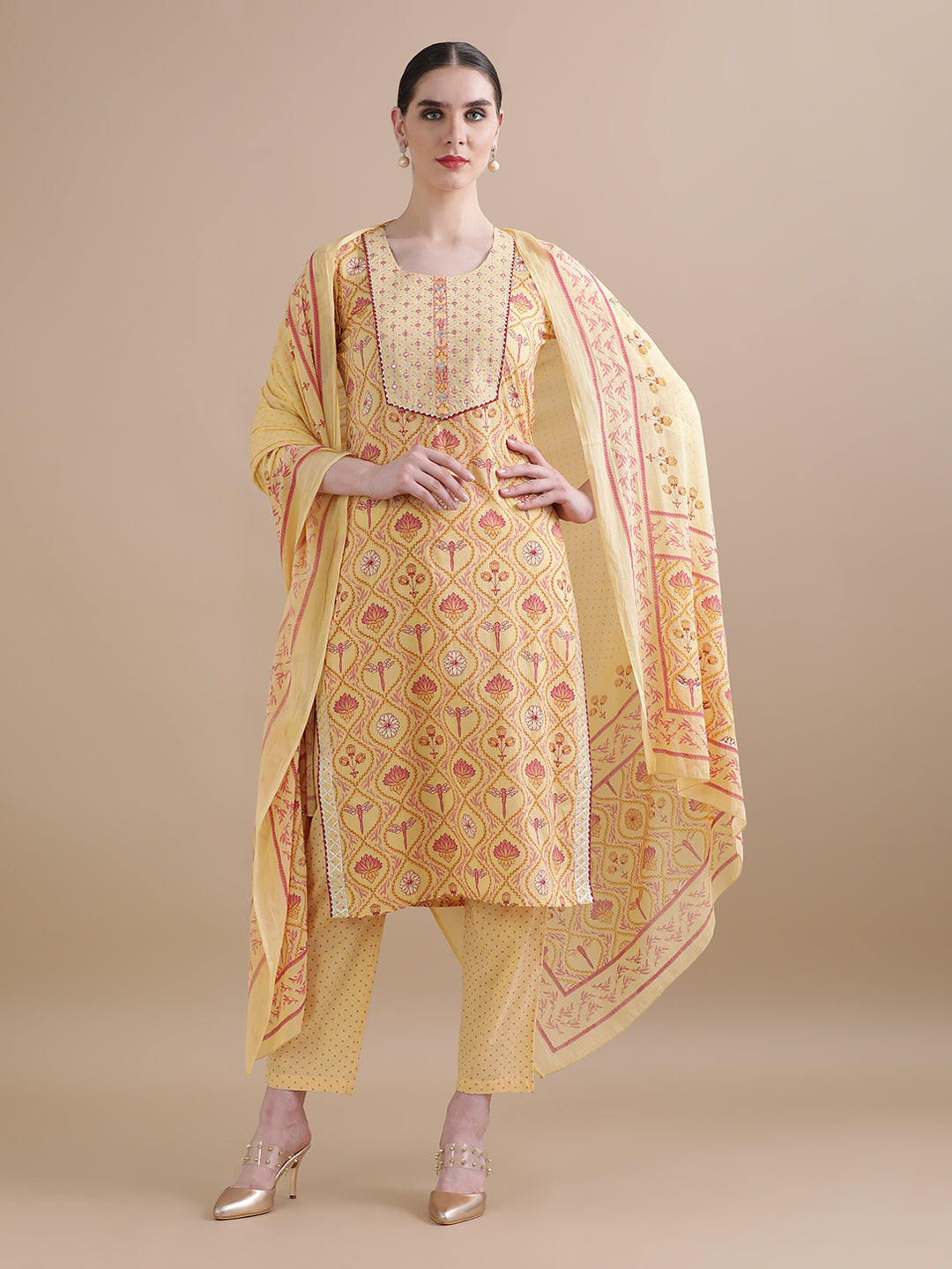 Pure Cotton Floral Embroidered Kurta Sets With Dupatta