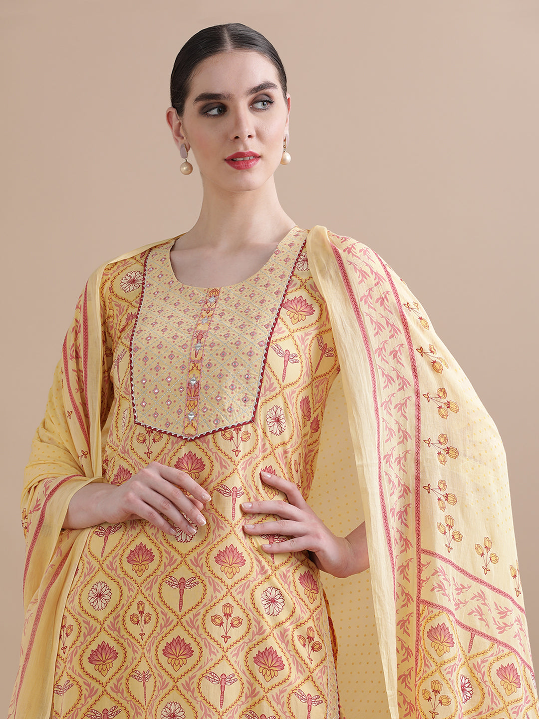 Pure Cotton Floral Embroidered Kurta Sets With Dupatta