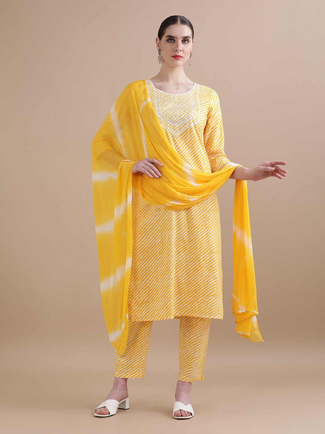 Pure Cotton Leheriya Embroidered Kurta Sets With Dupatta