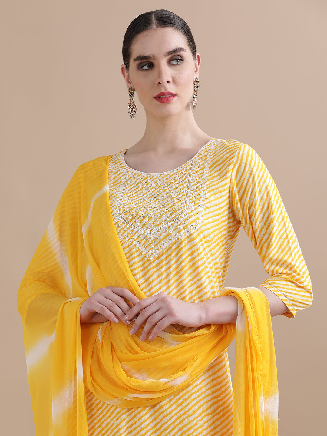Pure Cotton Leheriya Embroidered Kurta Sets With Dupatta