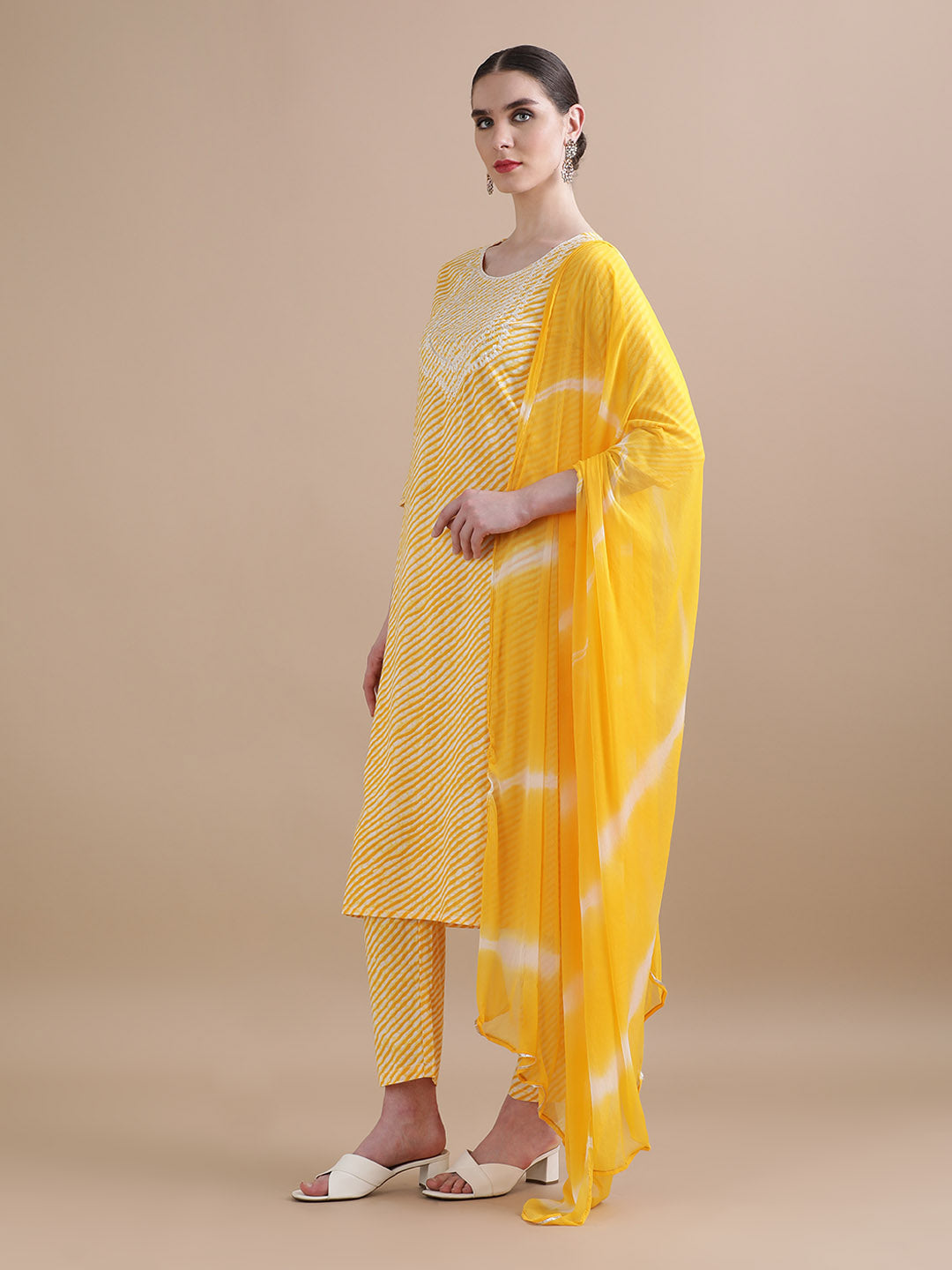 Pure Cotton Leheriya Embroidered Kurta Sets With Dupatta