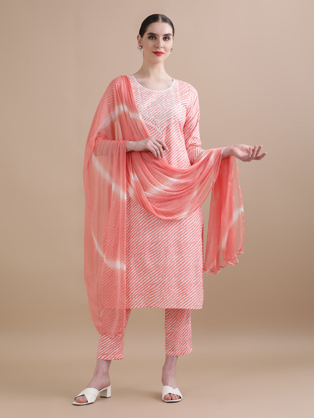 Pure Cotton Leheriya Embroidered Kurta Sets With Dupatta