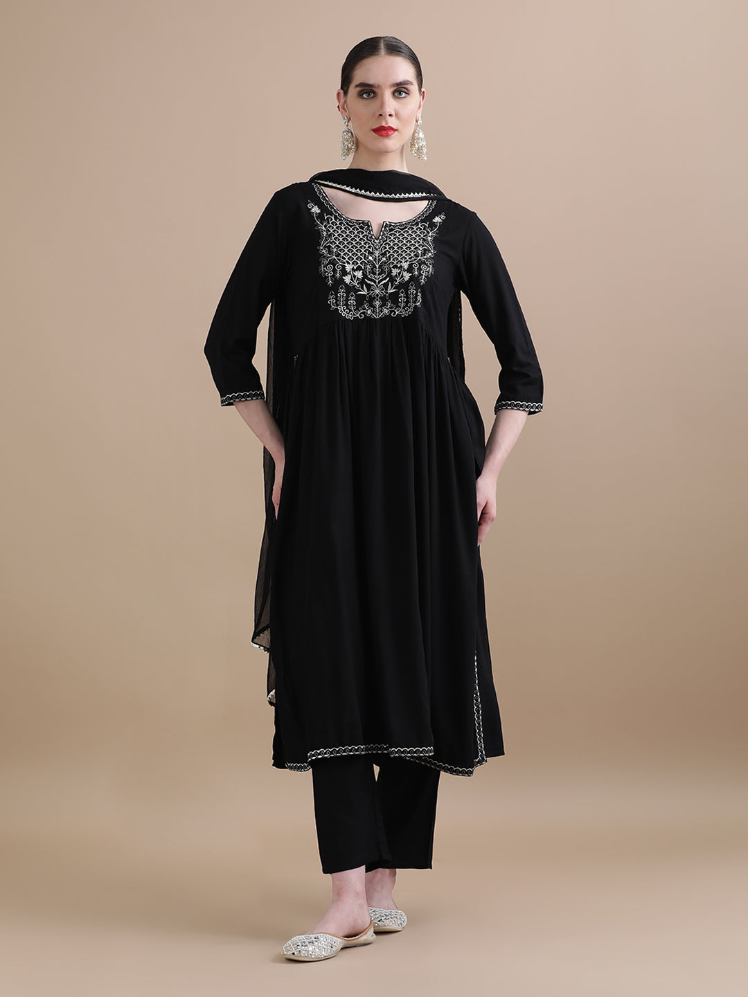 Embroidered Solid A-Line Thread Work Kurta Sets With Dupatta