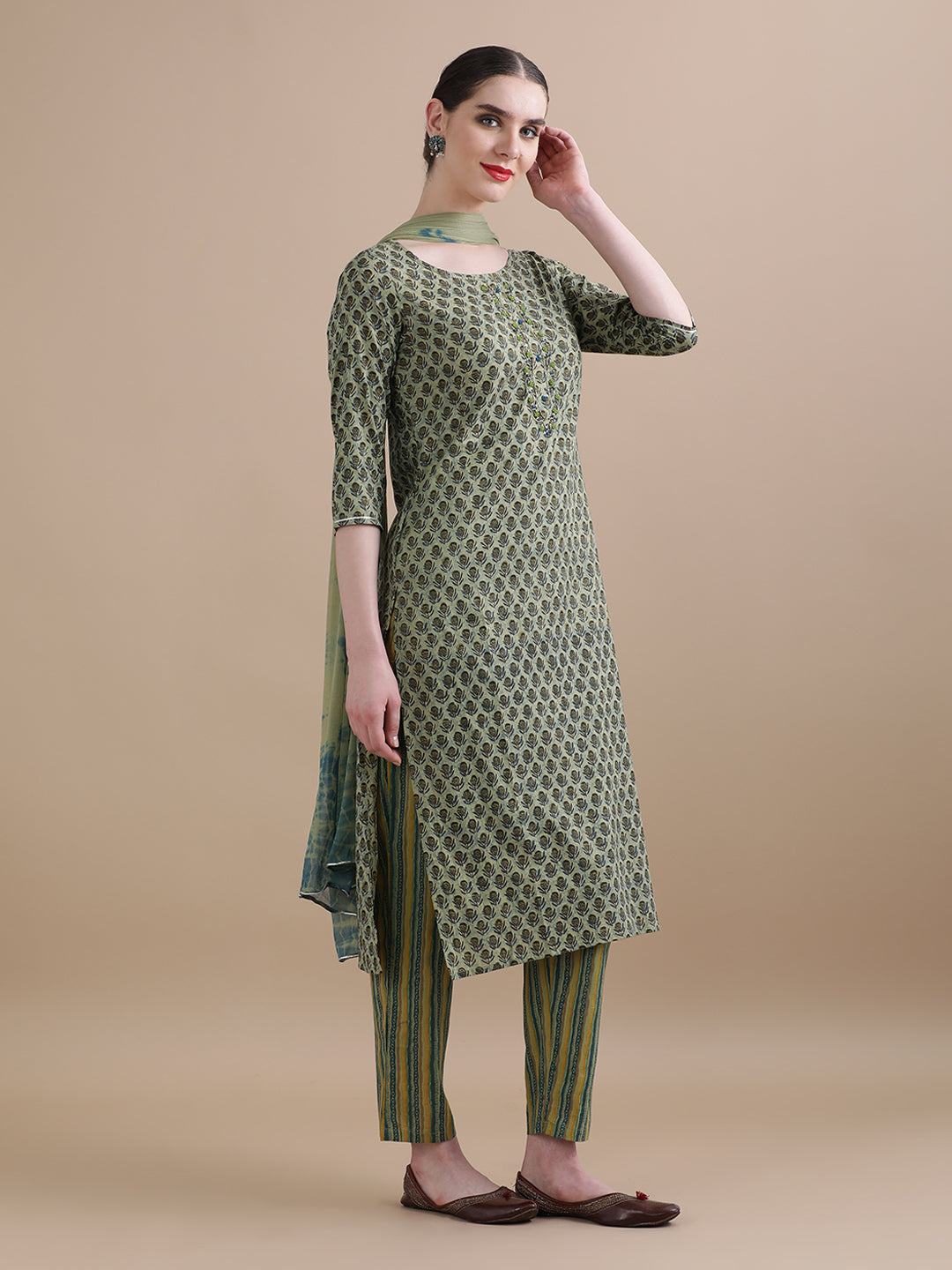 Pure Cotton Embroidered Straight Kurta Sets With Dupatta