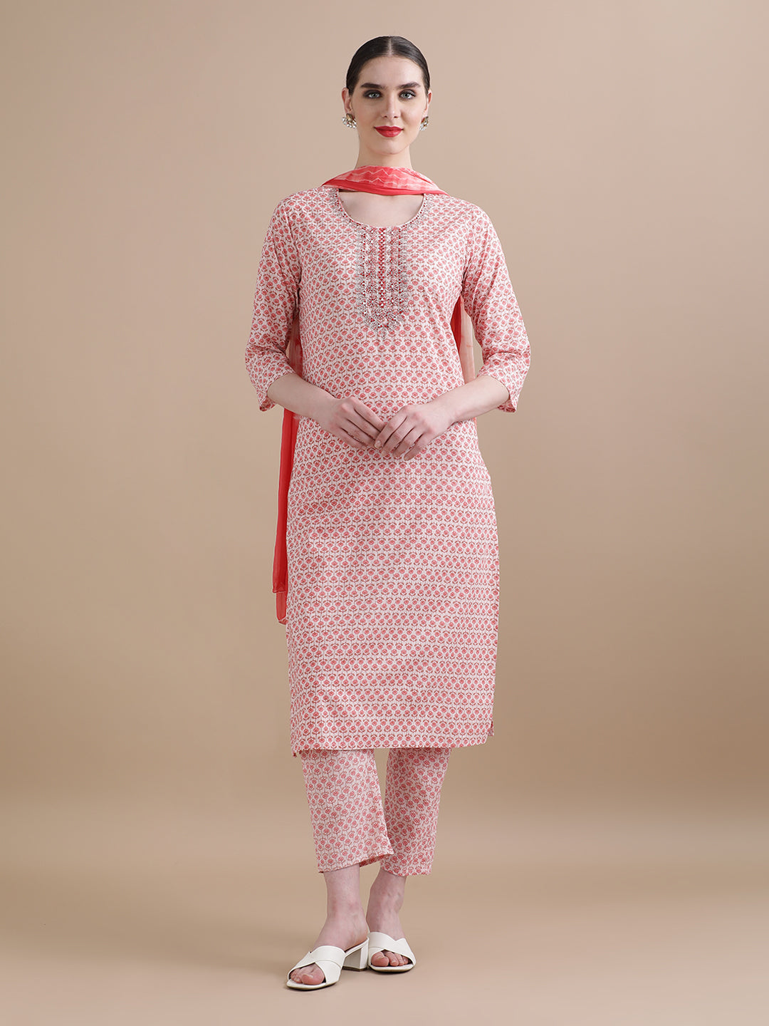 Pure Cotton Embroidered Straight Kurta Sets With Dupatta