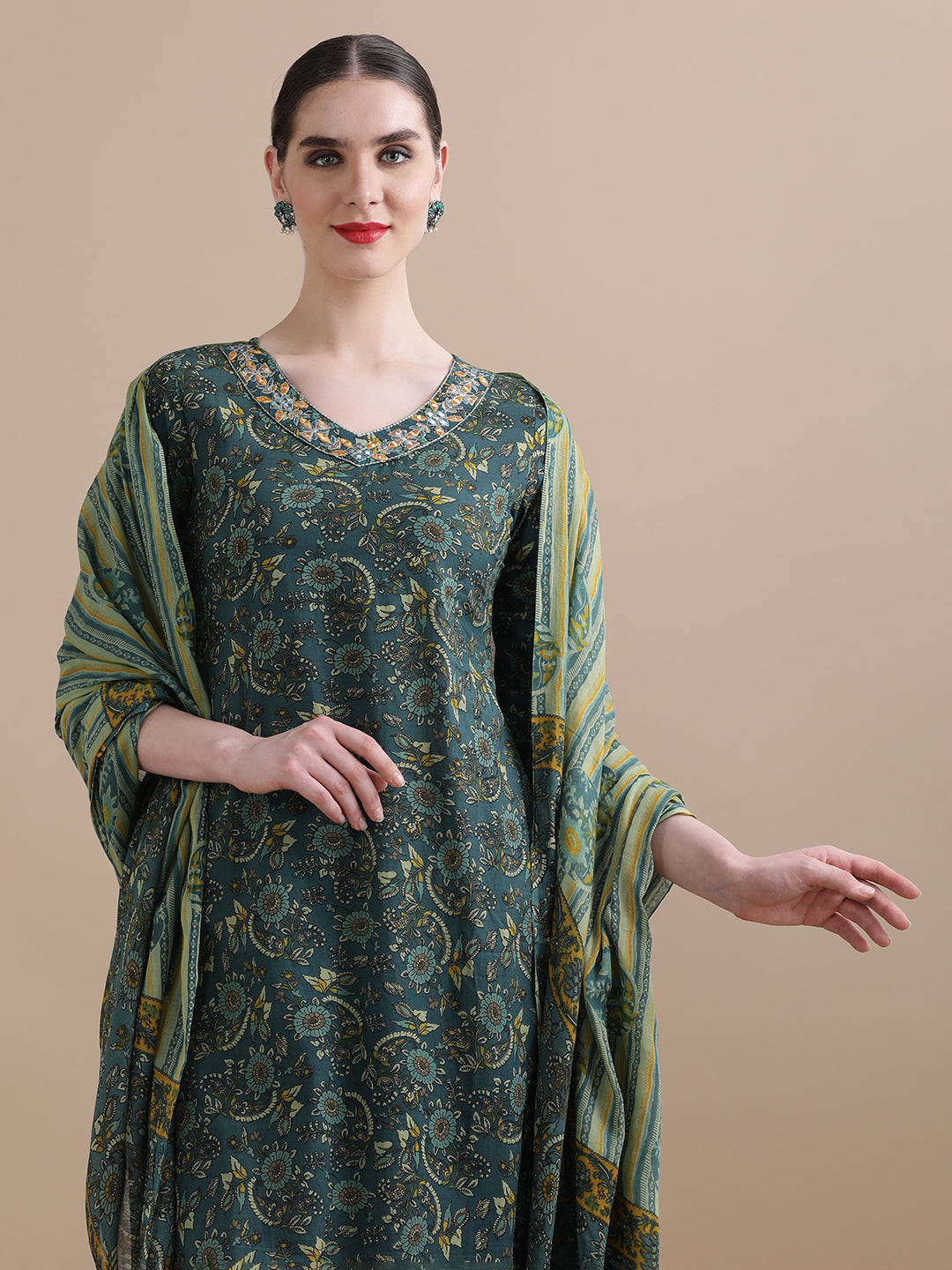 Pure Cotton Floral Embroidered Kurta Sets With Dupatta