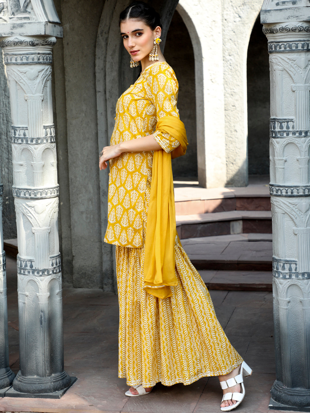 Yellow Ethnic Printed Straight Kurta With Sharara And Chiffon Dupatta