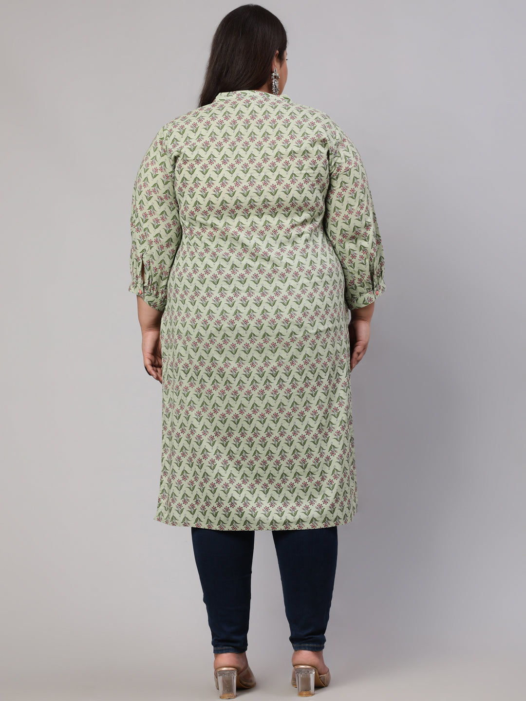 Plus Size Sage Green Ethnic Mughal Buti Printed Straight Kurta
