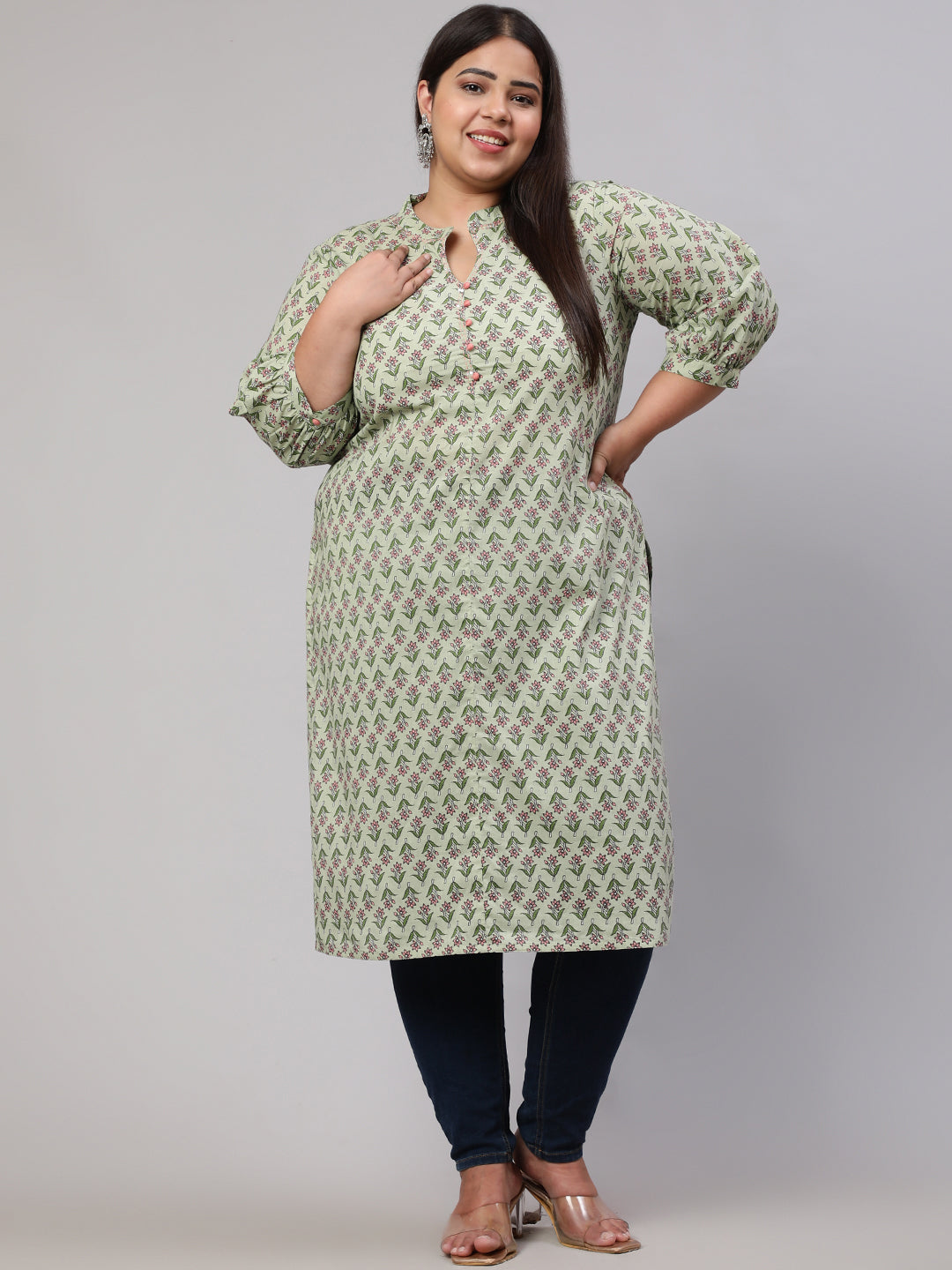 Plus Size Sage Green Ethnic Mughal Buti Printed Straight Kurta