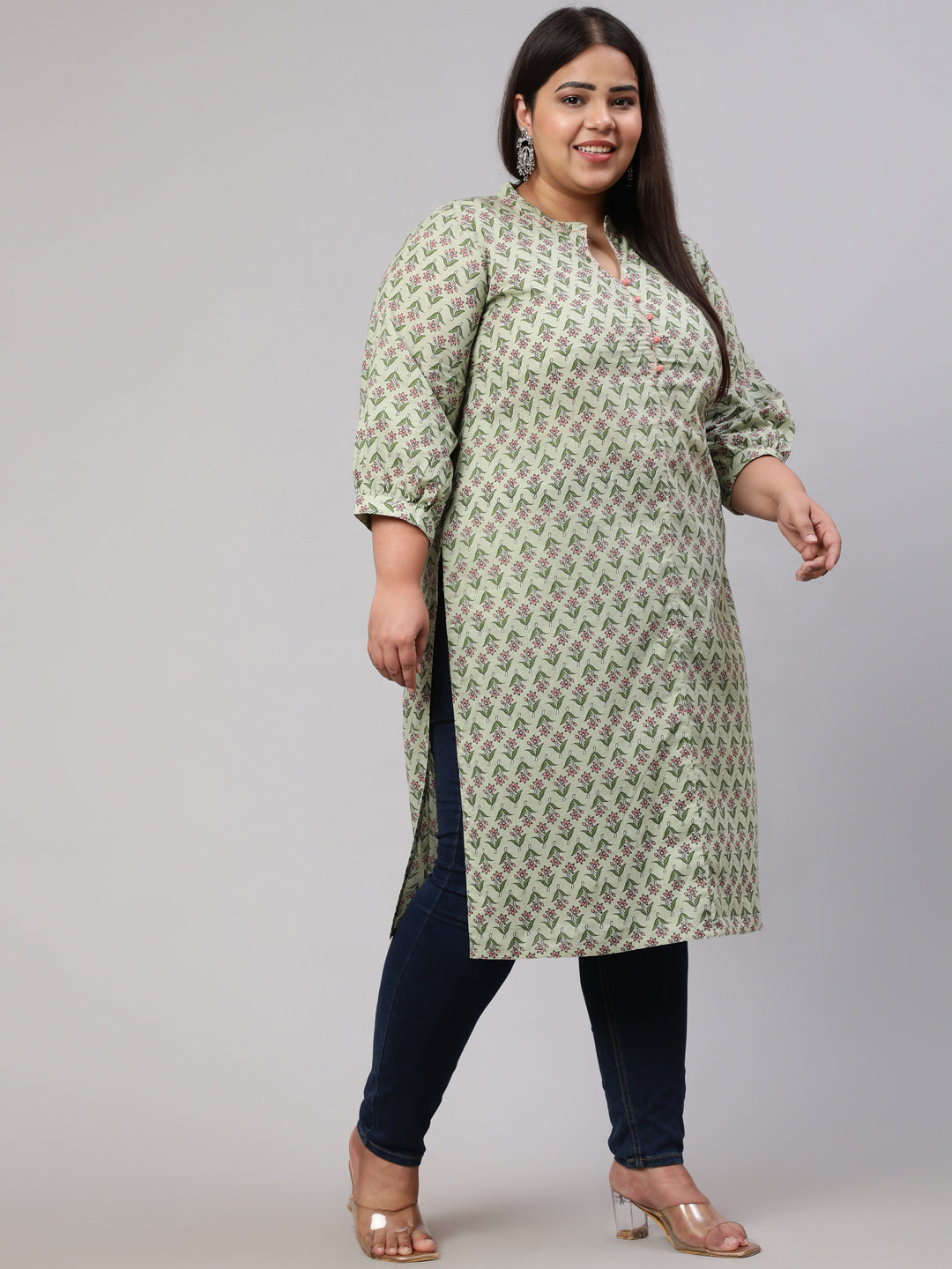 Plus Size Sage Green Ethnic Mughal Buti Printed Straight Kurta