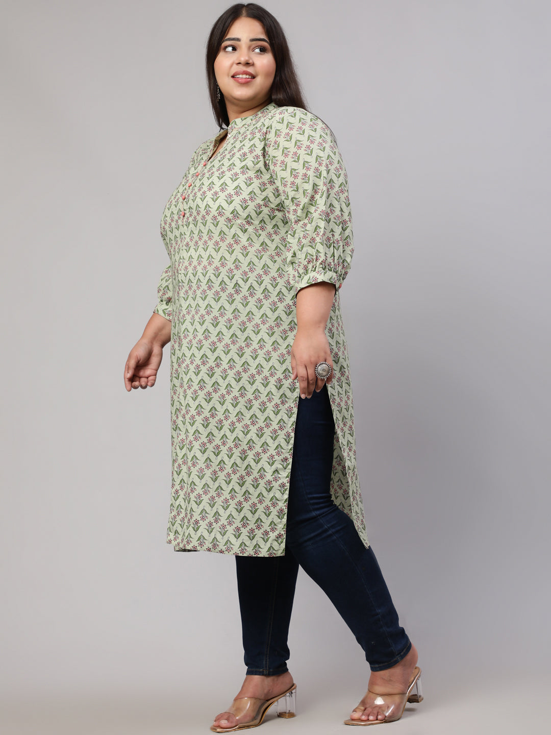 Plus Size Sage Green Ethnic Mughal Buti Printed Straight Kurta