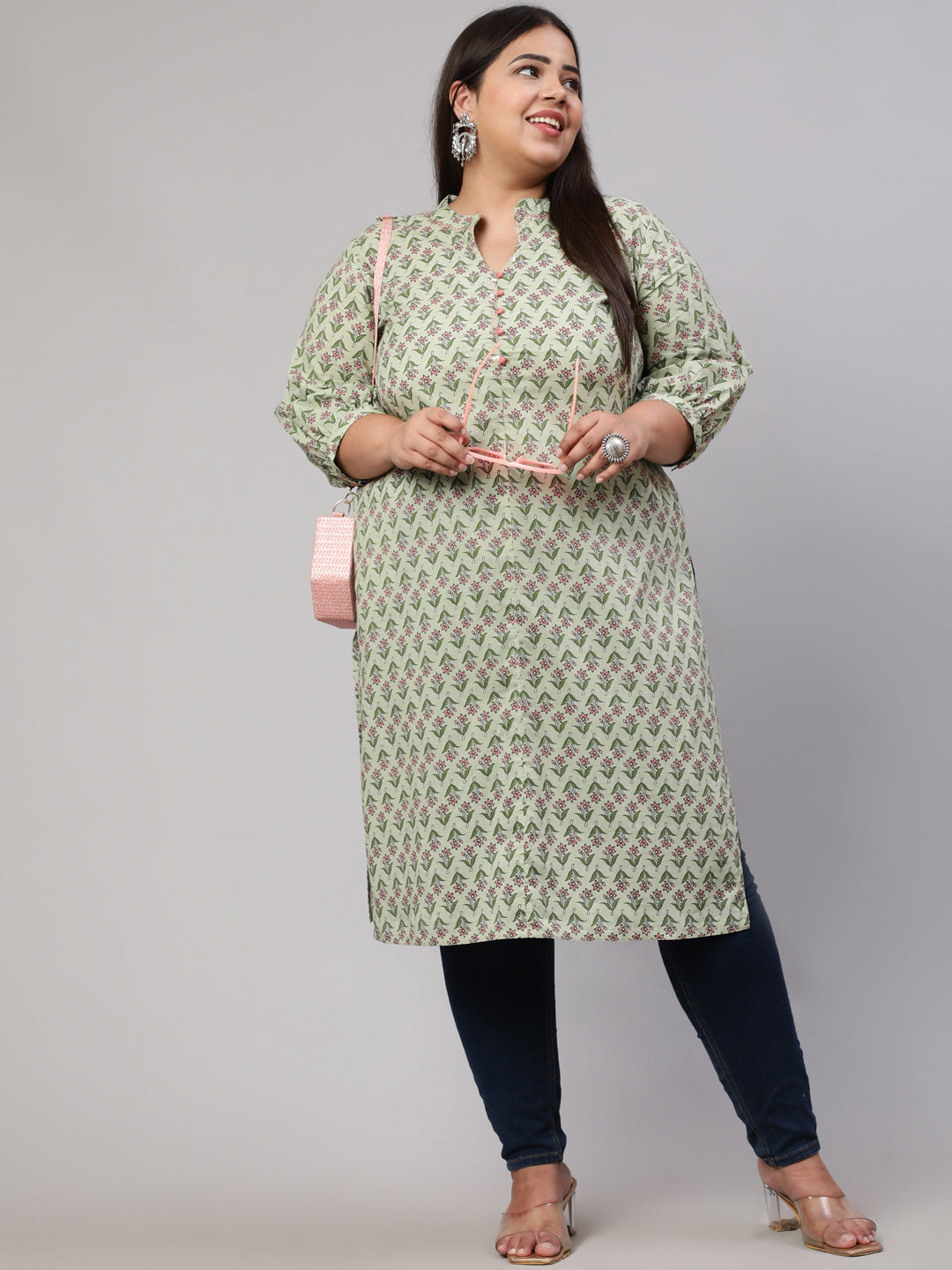 Plus Size Sage Green Ethnic Mughal Buti Printed Straight Kurta
