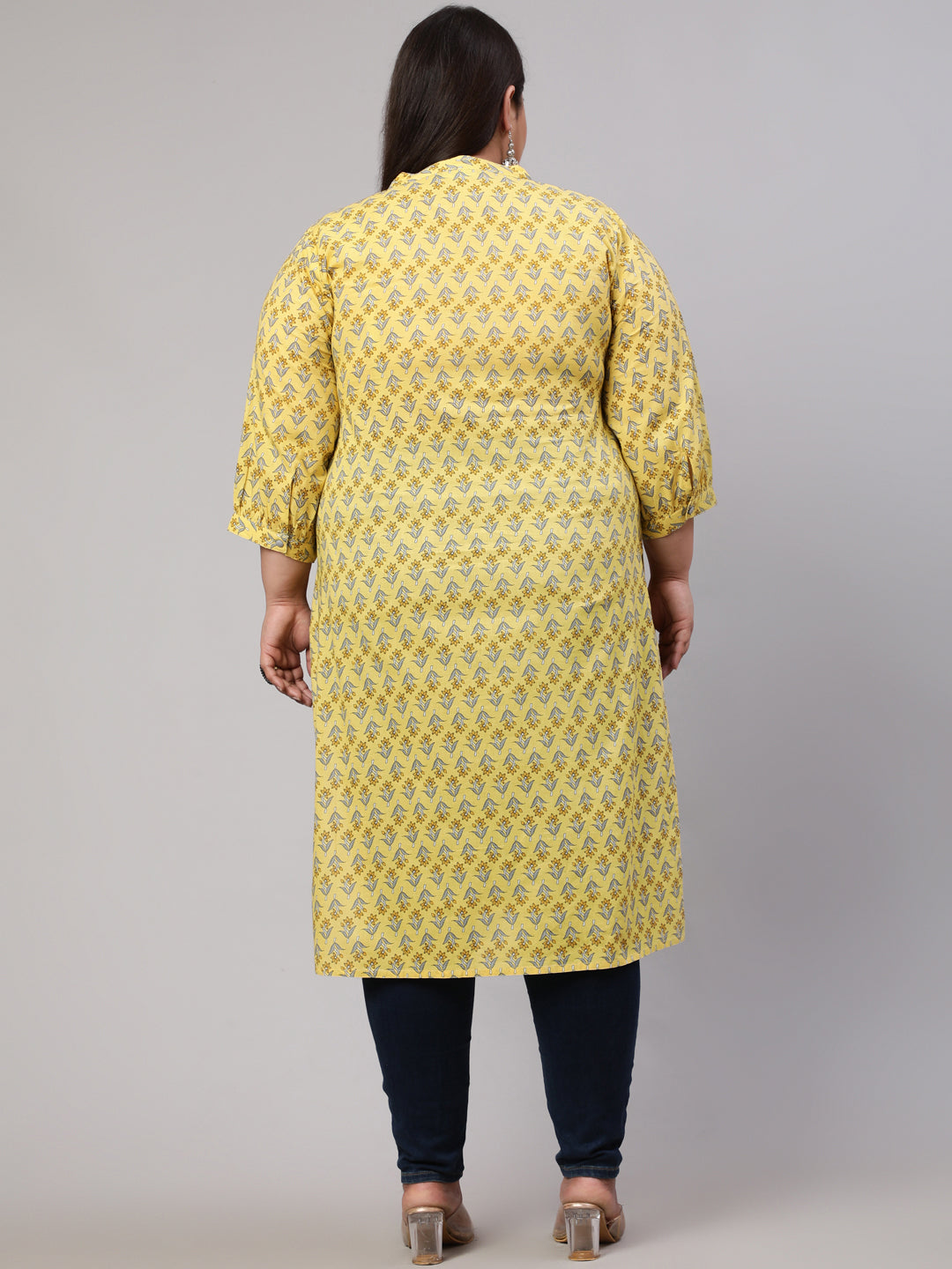 Plus Size Yellow Ethnic Mughal Buti Printed Straight Kurta