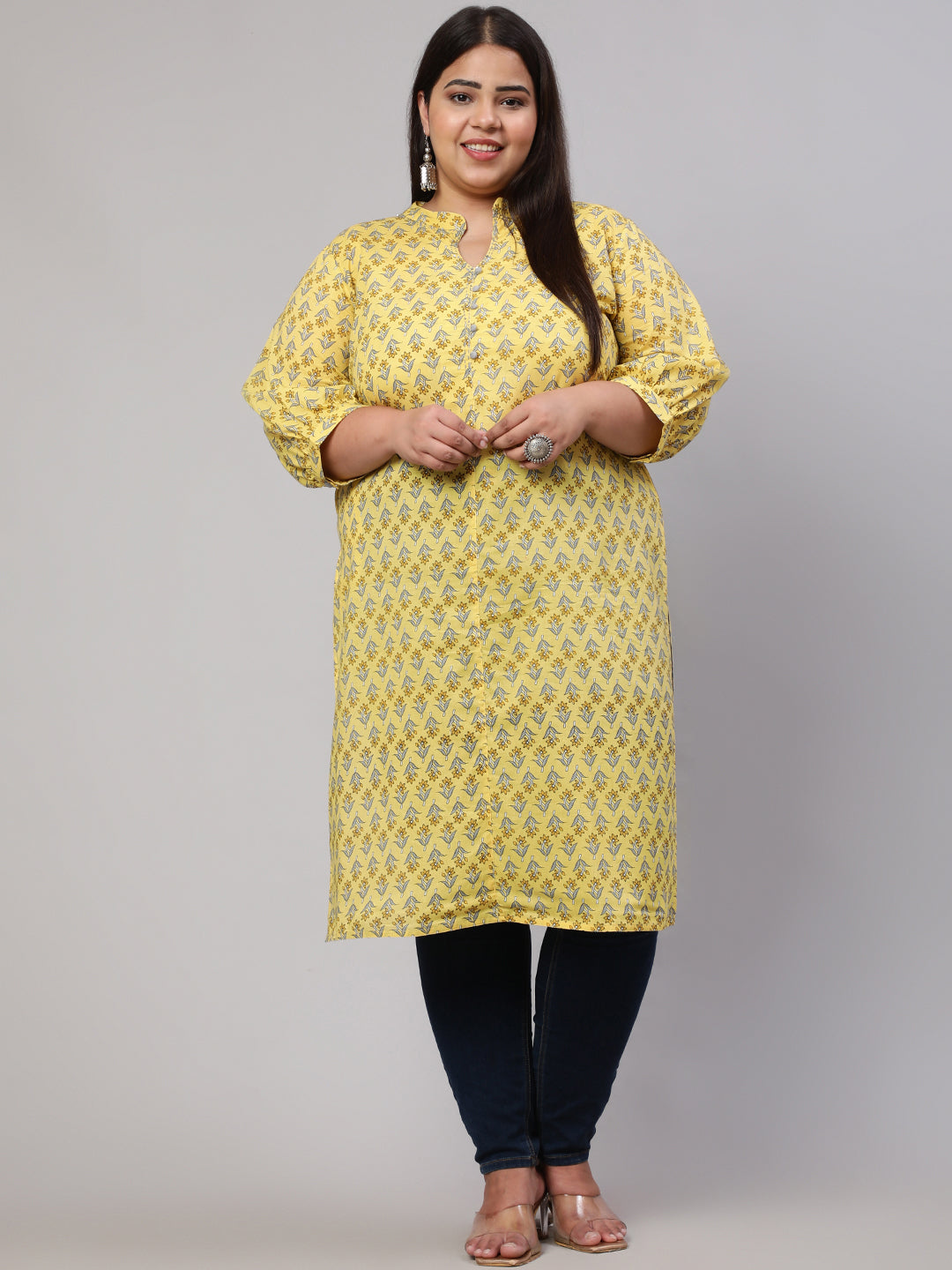 Plus Size Yellow Ethnic Mughal Buti Printed Straight Kurta