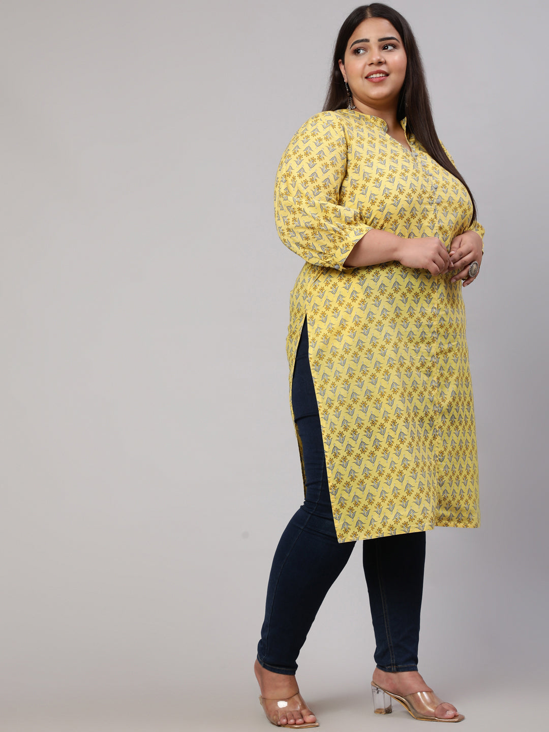Plus Size Yellow Ethnic Mughal Buti Printed Straight Kurta