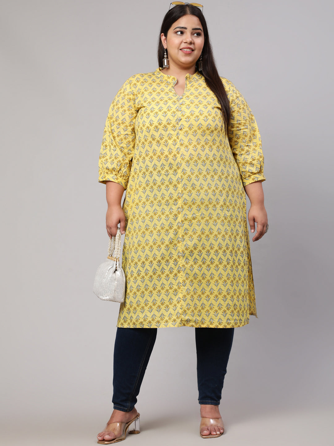 Plus Size Yellow Ethnic Mughal Buti Printed Straight Kurta