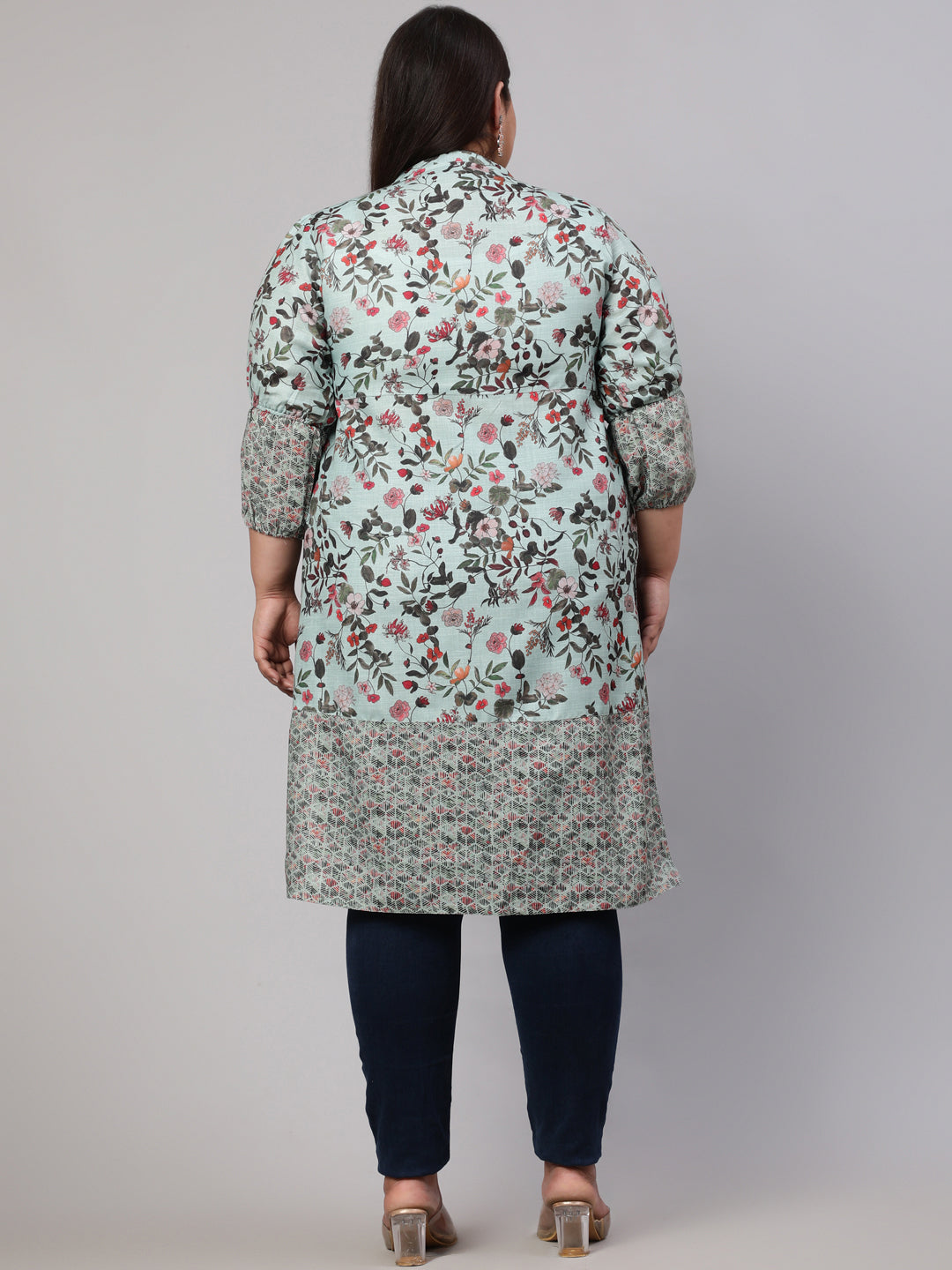 Plus Size Floral Printed Green Straight Kurta