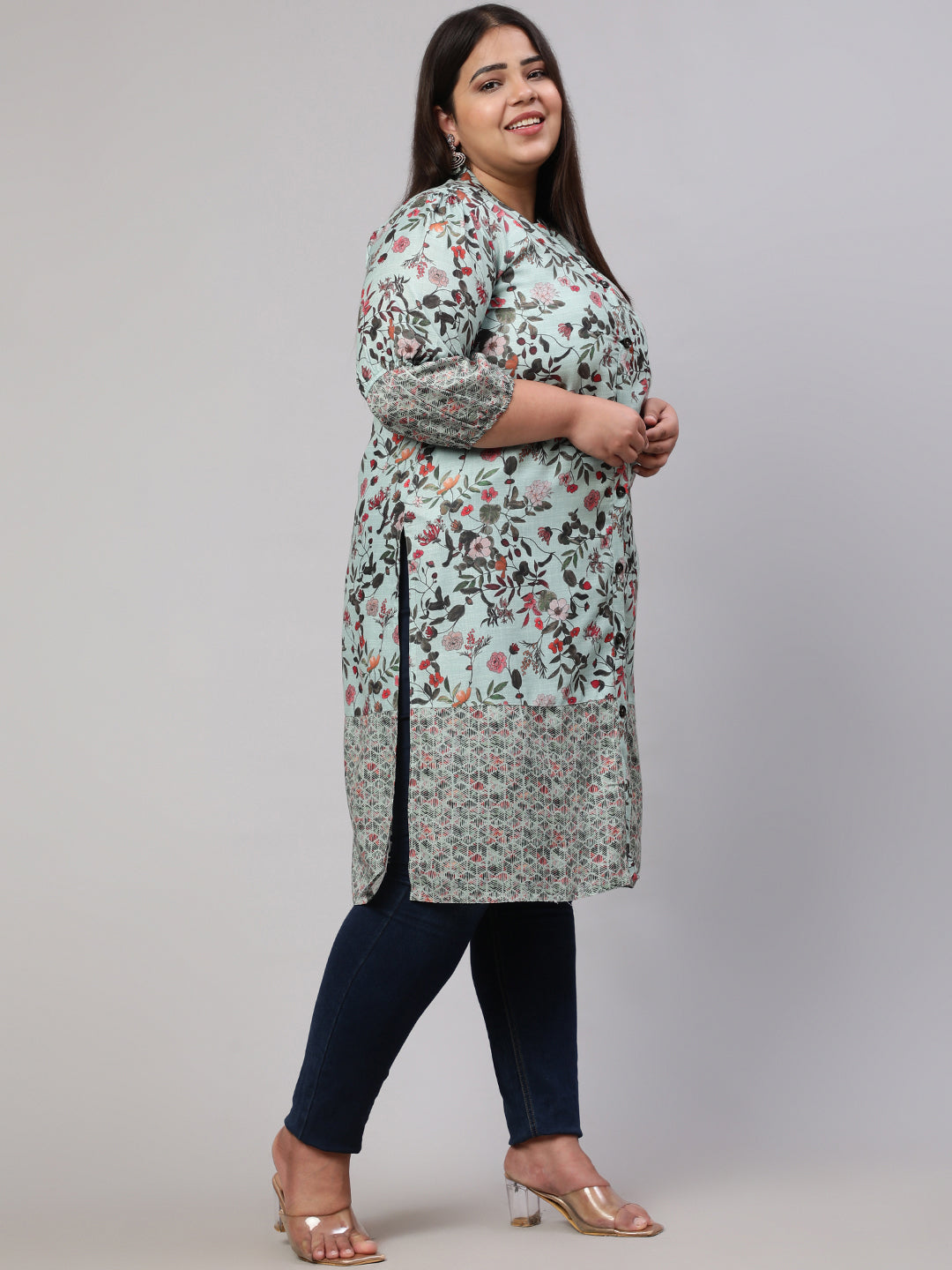 Plus Size Floral Printed Green Straight Kurta