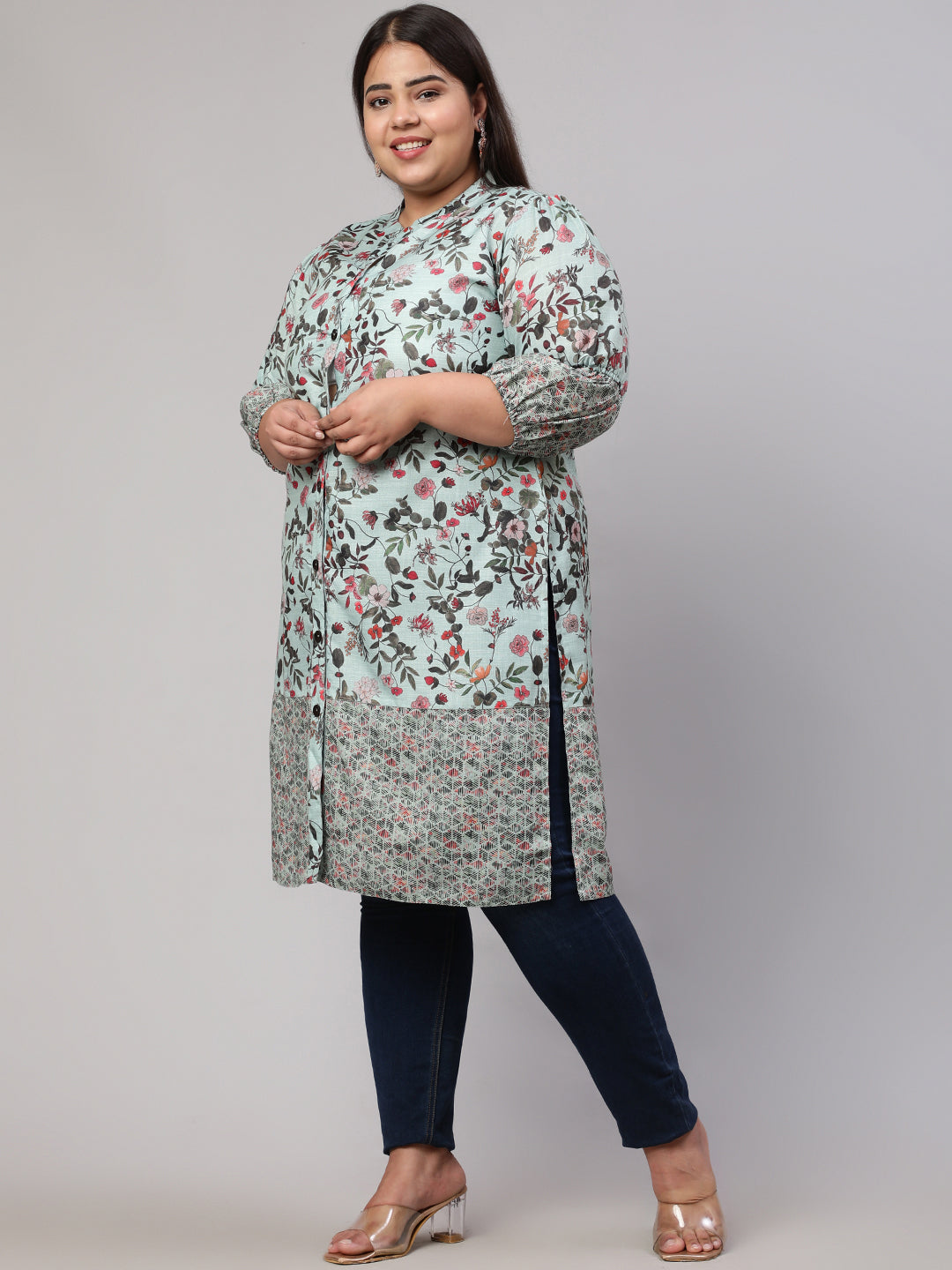 Plus Size Floral Printed Green Straight Kurta