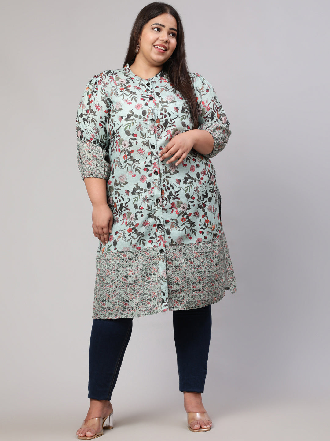 Plus Size Floral Printed Green Straight Kurta