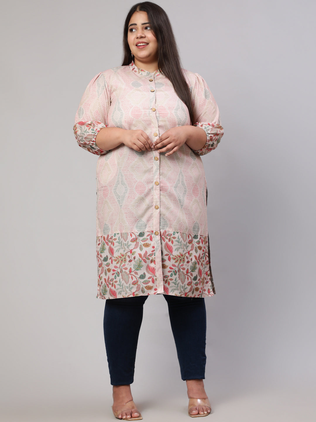 Plus Size Floral Printed Peach Straight Kurta