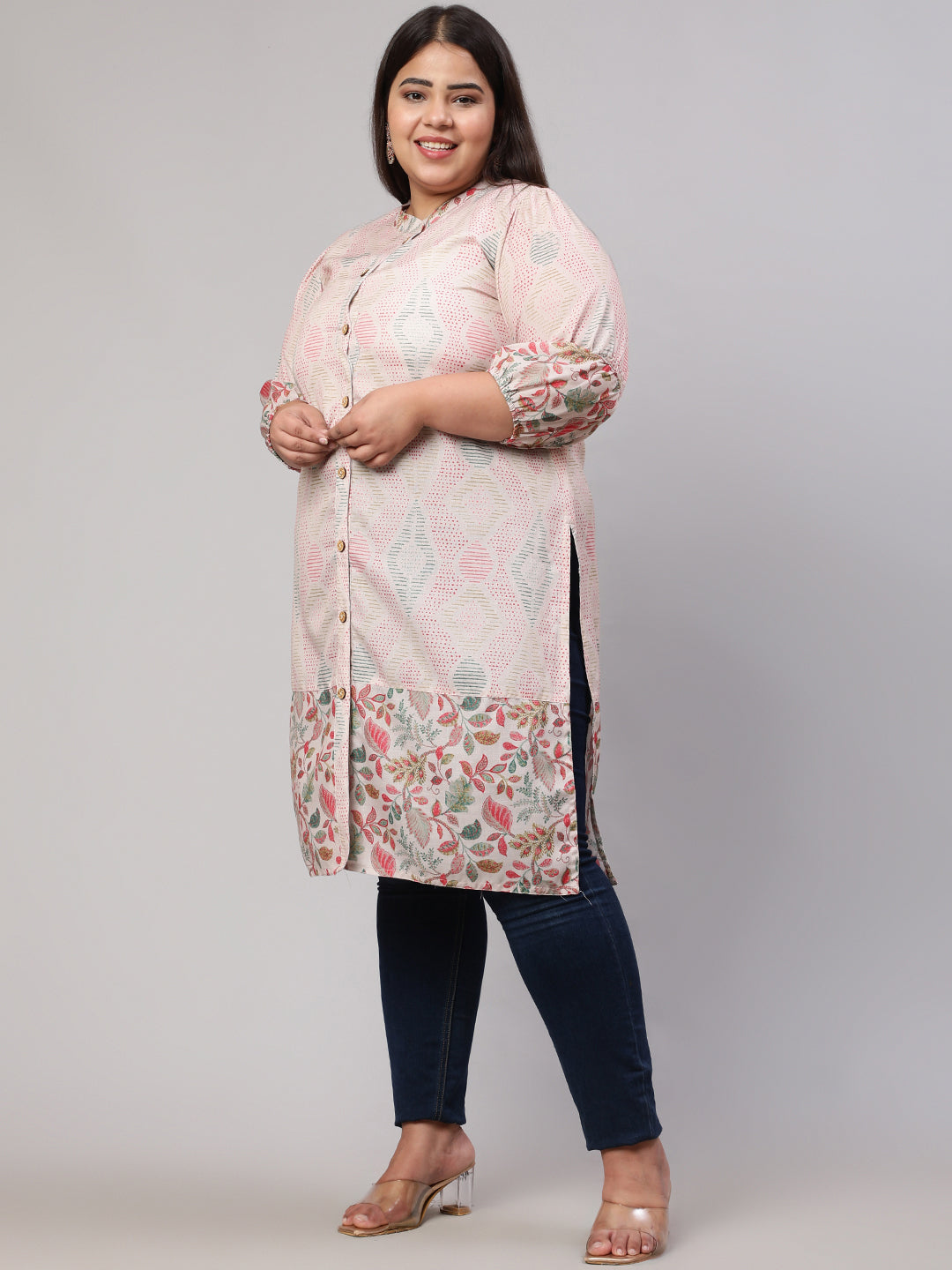 Plus Size Floral Printed Peach Straight Kurta