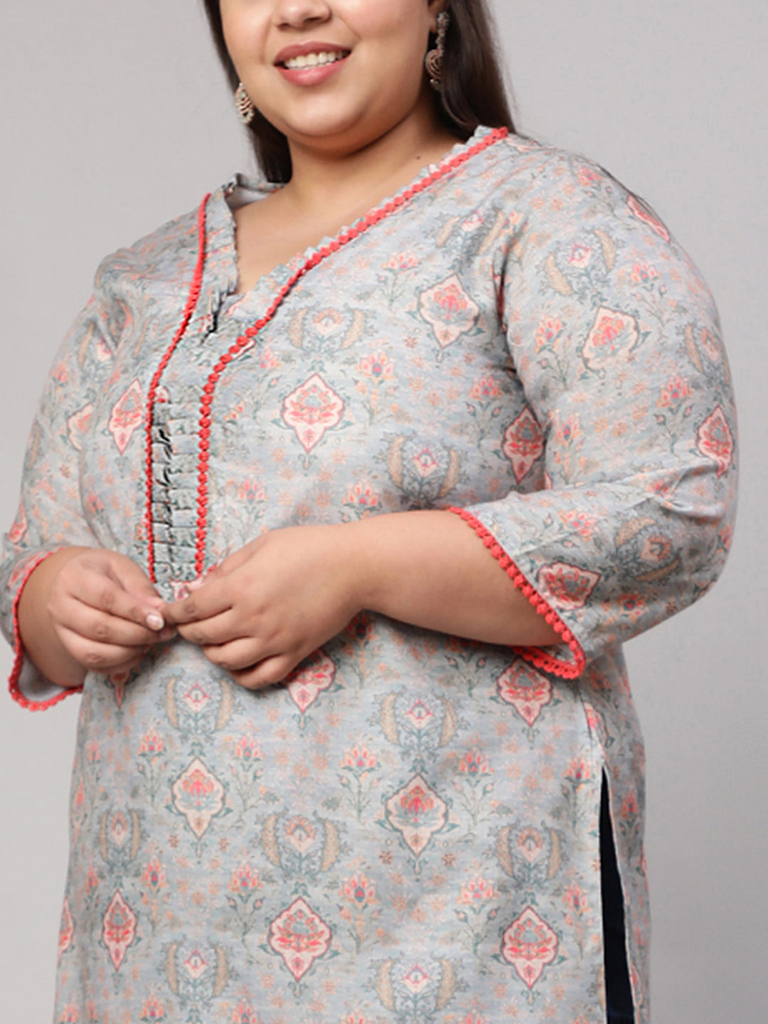Plus Size Grey Ruffled Printed Straight Kurta