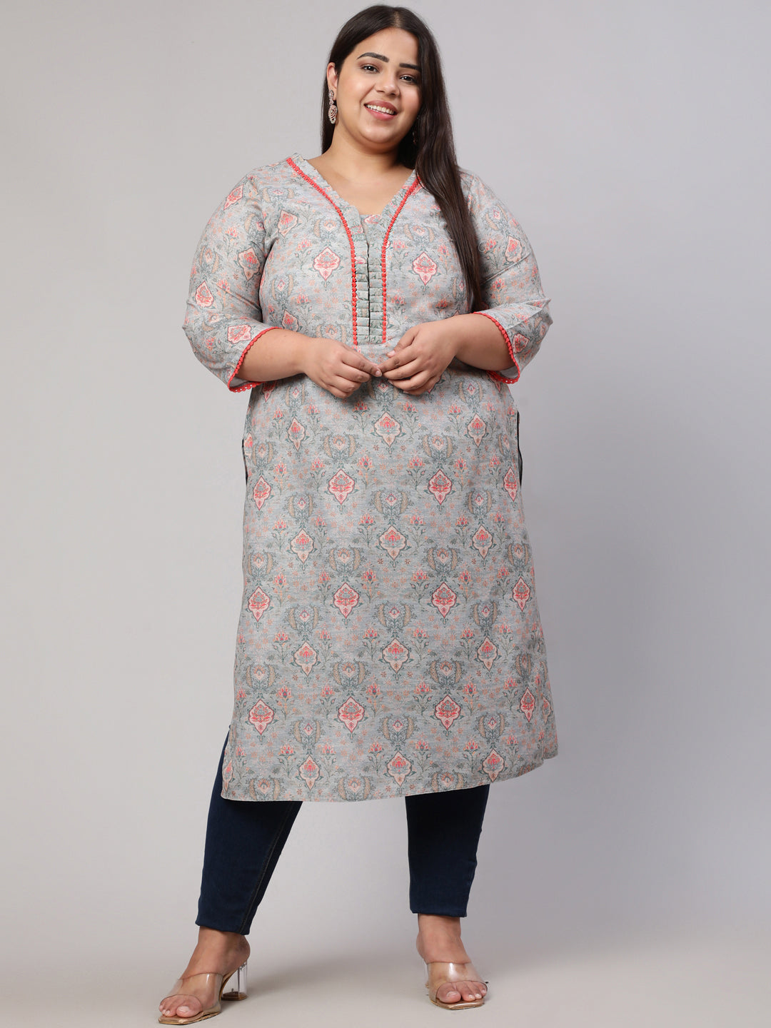 Plus Size Grey Ruffled Printed Straight Kurta
